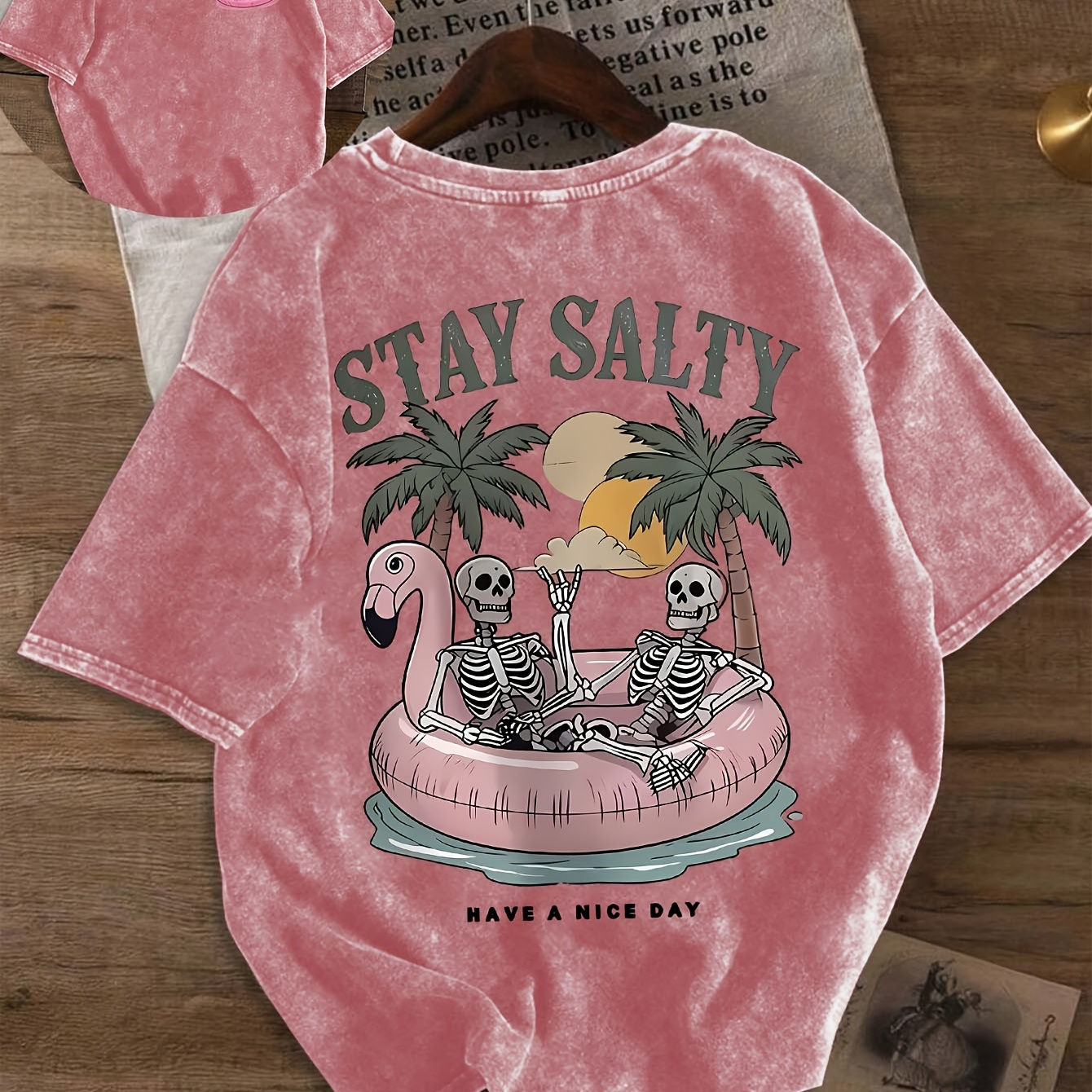 Stay Salty Have a Nice Day Graphic Print Crew Neck Short Sleeves Vintage Casual Everyday Washed T-shirt Top