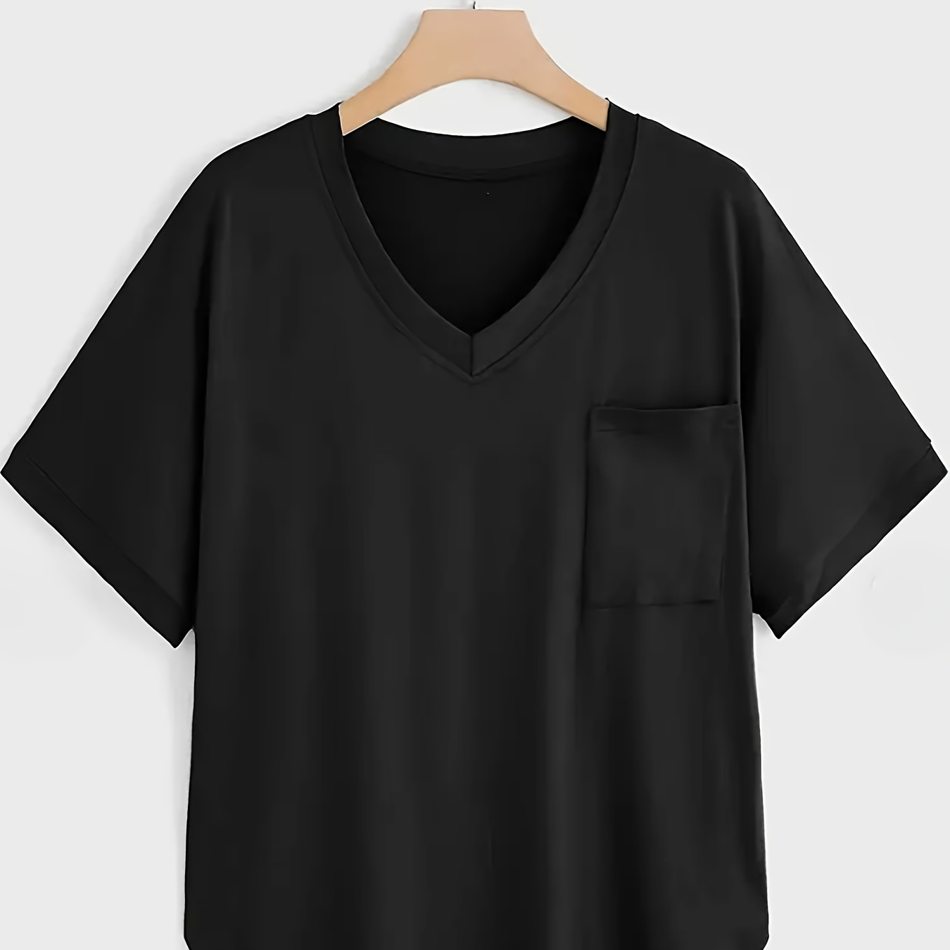 

Plus Size Elegant V-neck T-shirt With Pocket - Polyester (95% Polyester, 5% Spandex), Short Raglan Sleeve, Solid Color, Stretch, Flared Hem, Spring/summer Collection