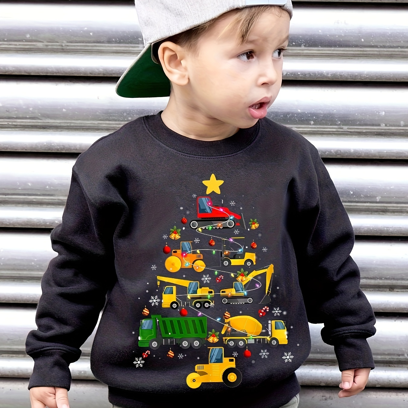 

Christmas Construction Cars Tree Graphic Print Boys Warm Fleece Sweatshirt: Thick And Cozy Top For Spring Fall Winter Season