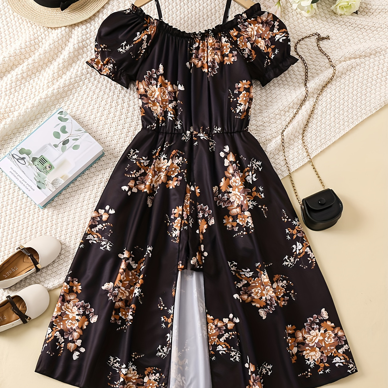 

Elegant Girls Flower Print Puff Short Sleeve Cami Jumpsuit Romper For Summer Holiday Party Gift