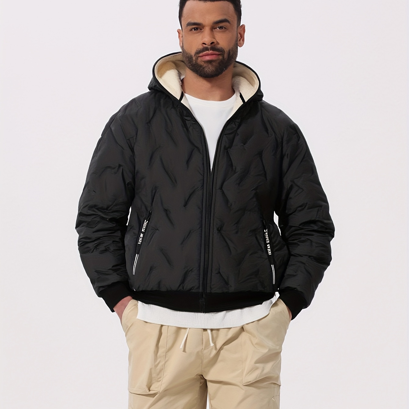 

Men's Casual Hooded Jacket With Fleece Lining - Insulated Zip-up Coat, Black And Cream, Polyester Fabric, Ideal For Cold Weather