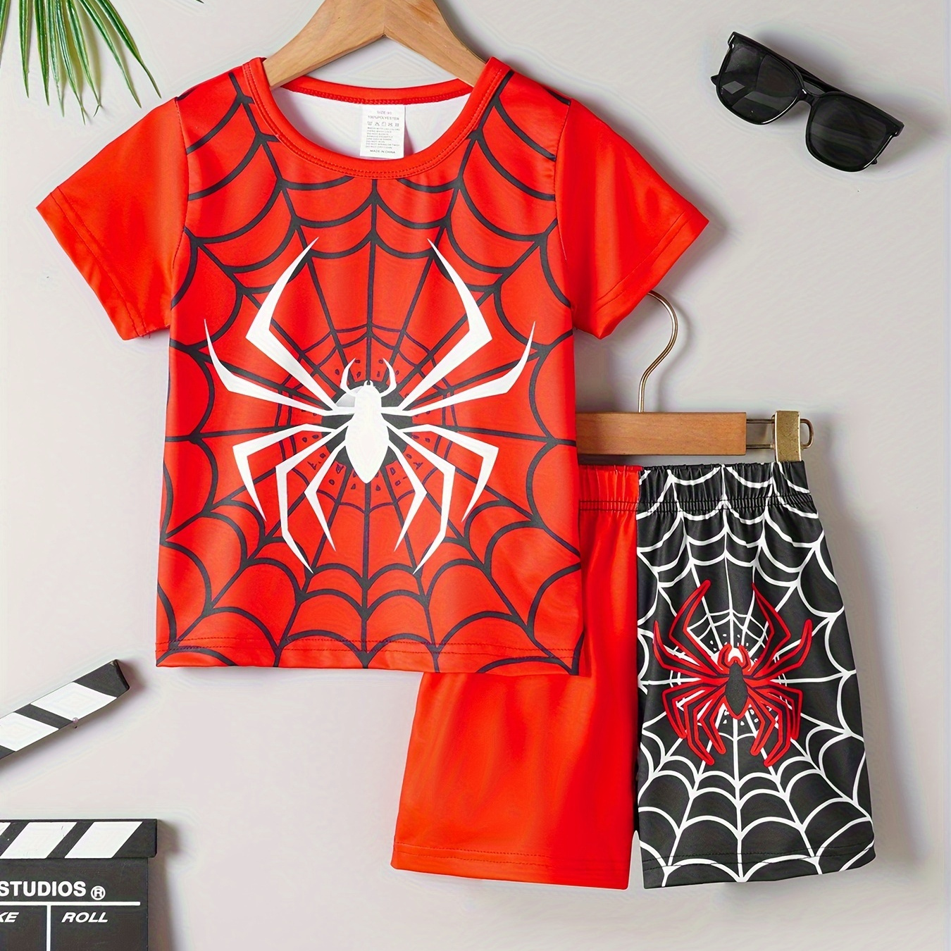 

2 Pcs Boy's Cool Spider Color-block 3d Print Short Sleeve T-shirts & Elastic Shorts Pajama Set, Comfortable & Skin-friendly Style Pajamas For Boy's Cozy Loungewear