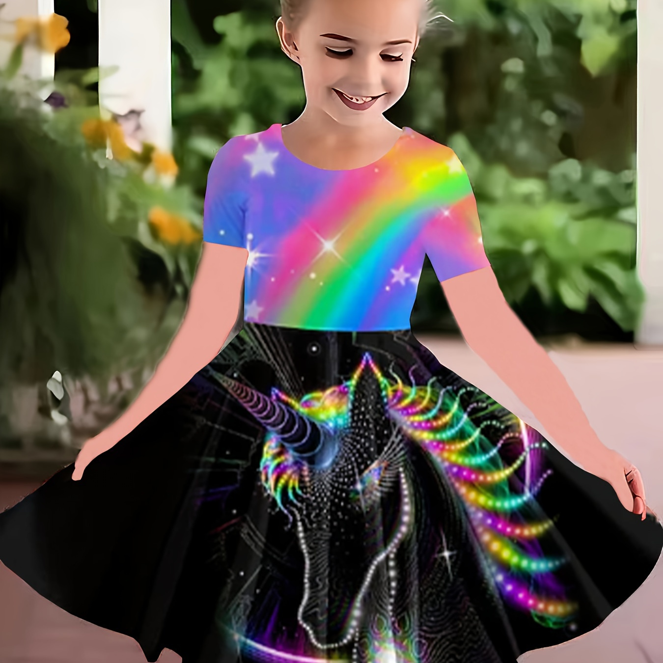 

Mysterious Unicorn 3d Print Short Sleeve Twirl Dress Girls Vacation Casual Dresses Summer Gift
