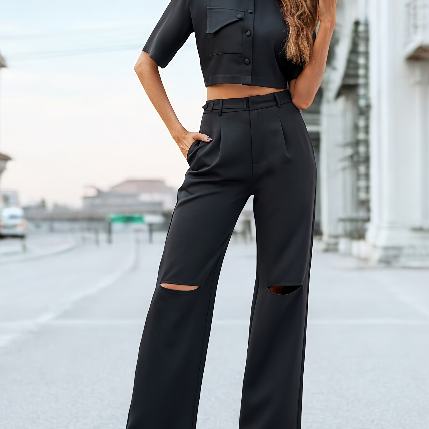 

Women's Suit Button Korean Set Round Neck Short Sleeve & Straight Pants Summer Clothes & 2 Piece Set Womenswear Overalls Pretty Girl Lounge Set Pretty 2 Piece Set