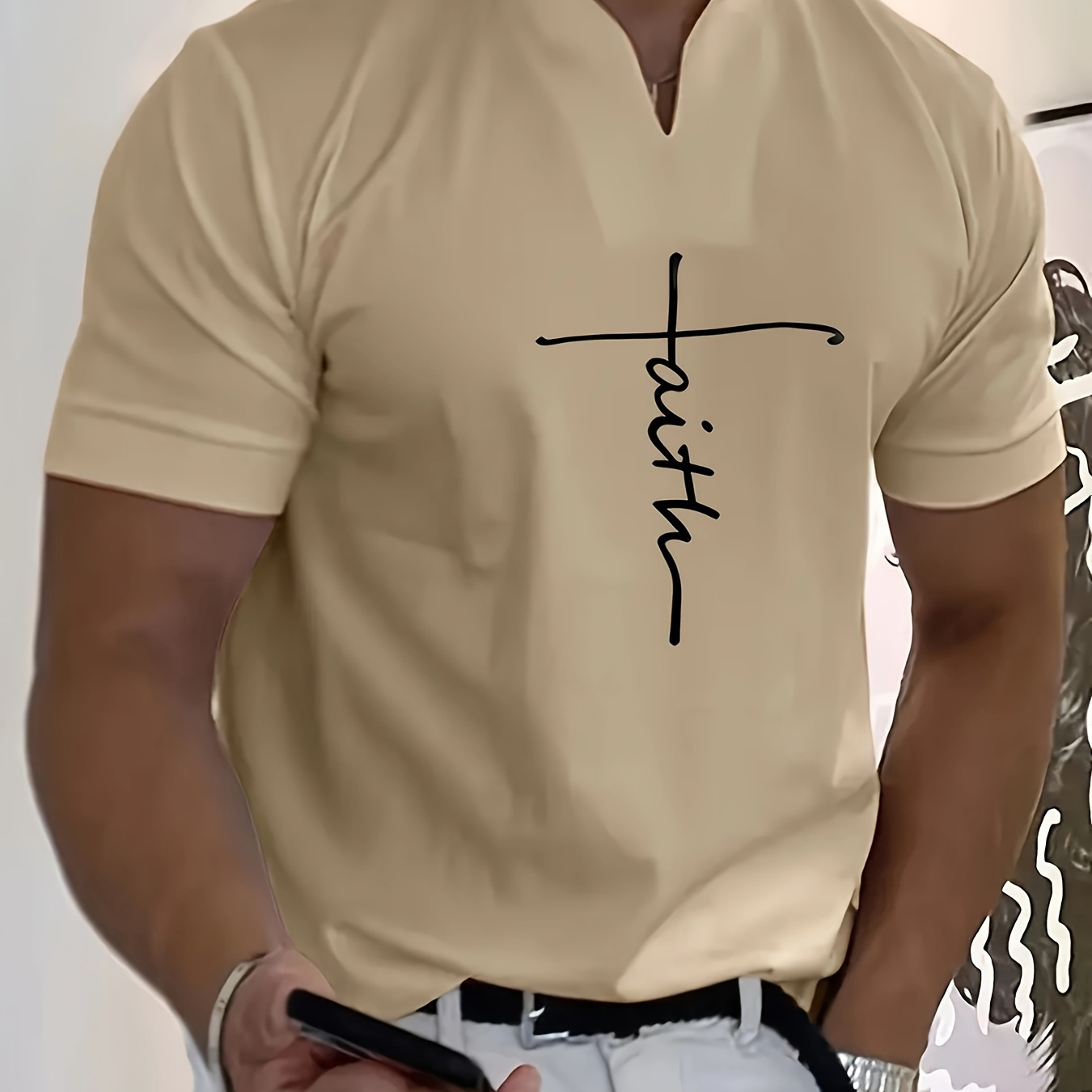 

Faith Alphabet Chic V-neck Short Sleeve T-shirt For Men, Casual Summer T-shirt For Daily Wear And Vacation Resorts