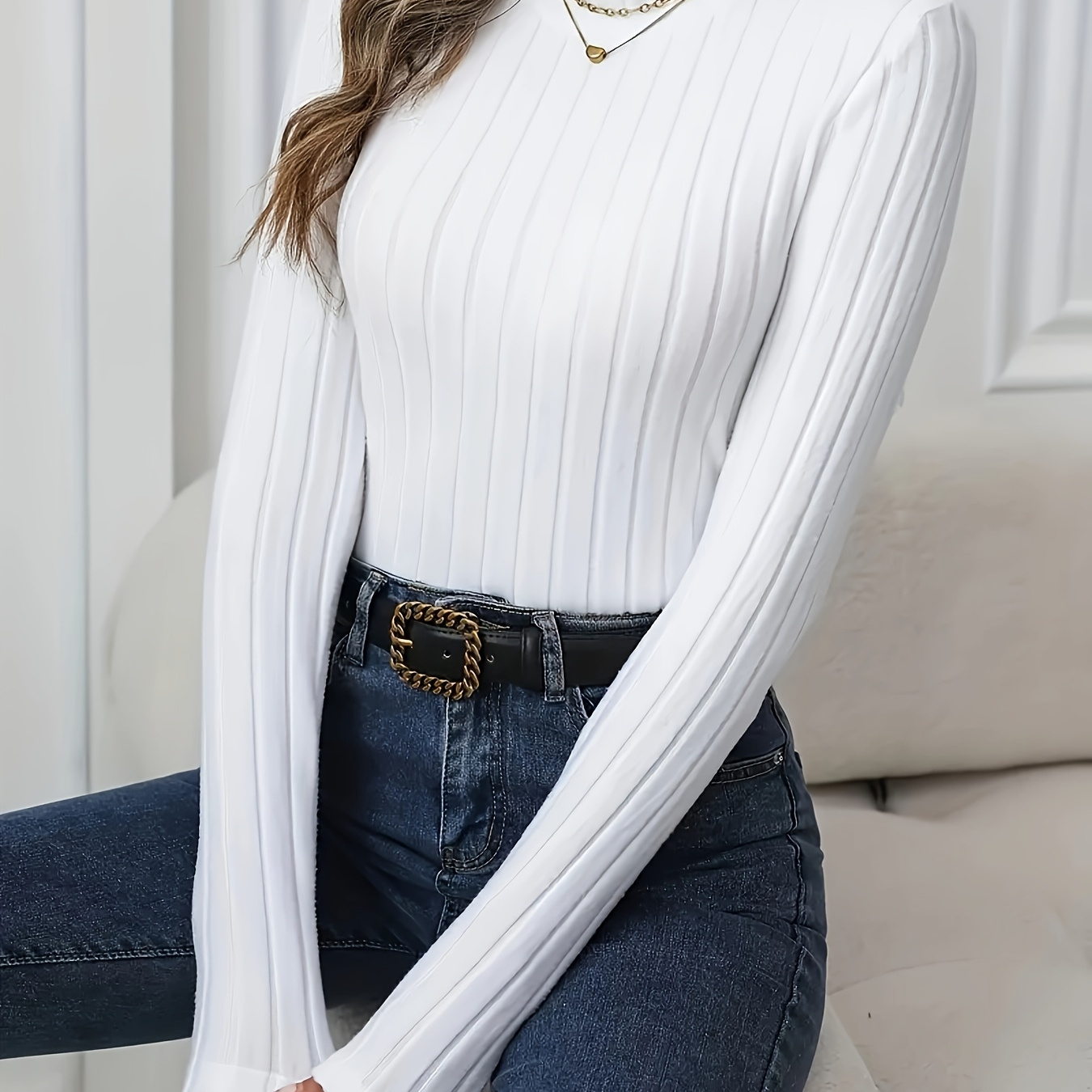 

1pc Women's High Neck Ribbed Knit T-shirt, Solid Color Polyester (95% Polyester, 5% Elastane), Stretchy Fall/winter Pullover Top