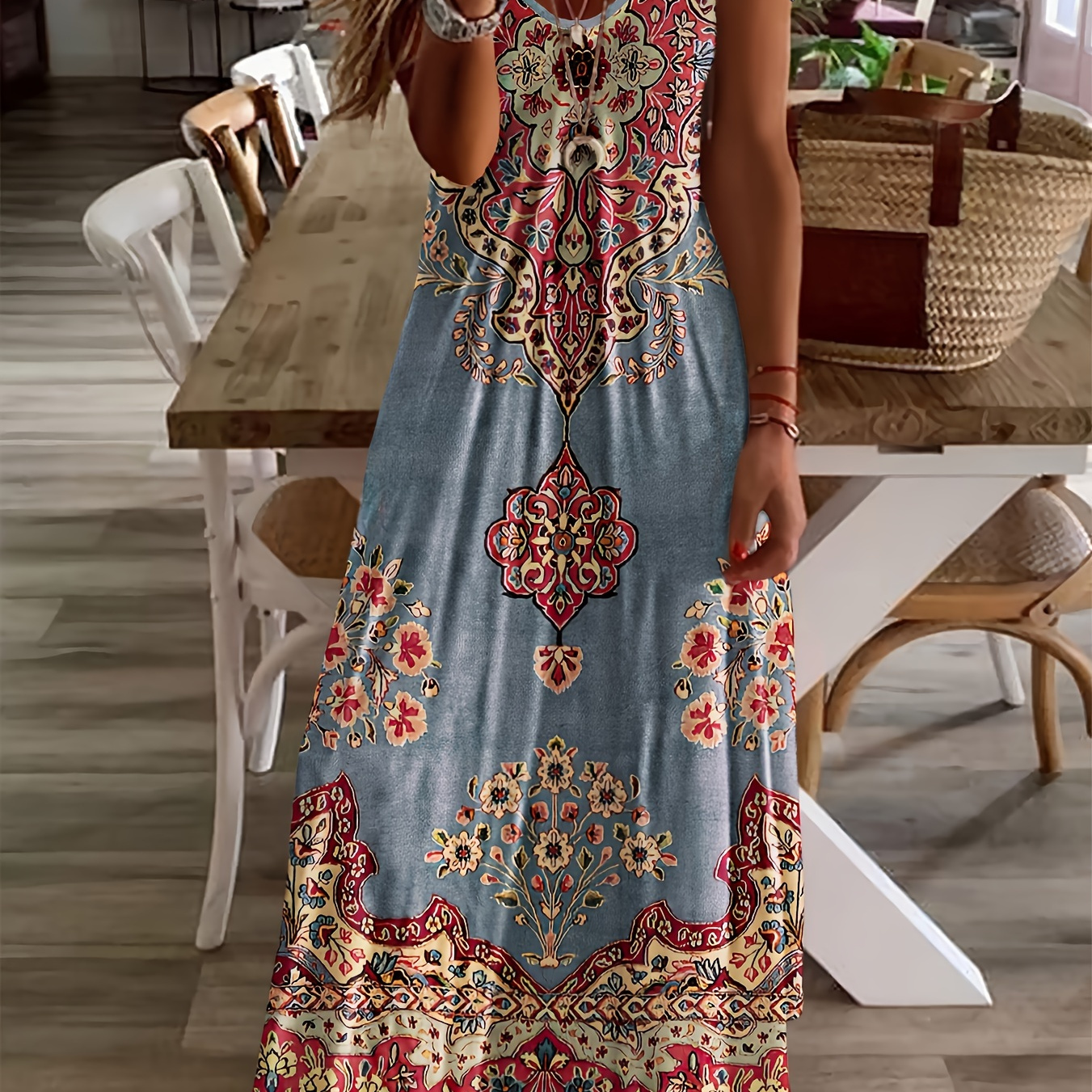 

Plus Size Floral Print Long Length Dress, Boho Short Sleeve V Neck Dress For Spring & Summer, Women's Plus Size Clothing