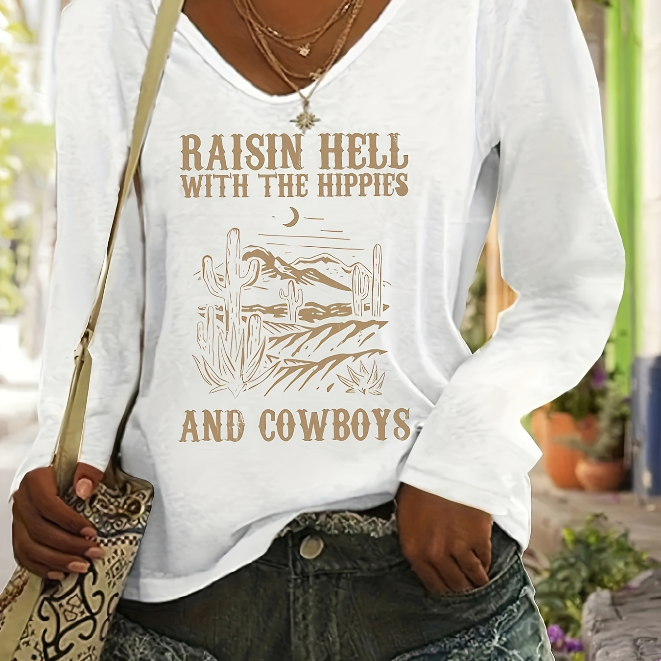 

Raising Print Long Sleeve T-shirt, Casual V Neck Top For Spring & Fall, Women's Clothing