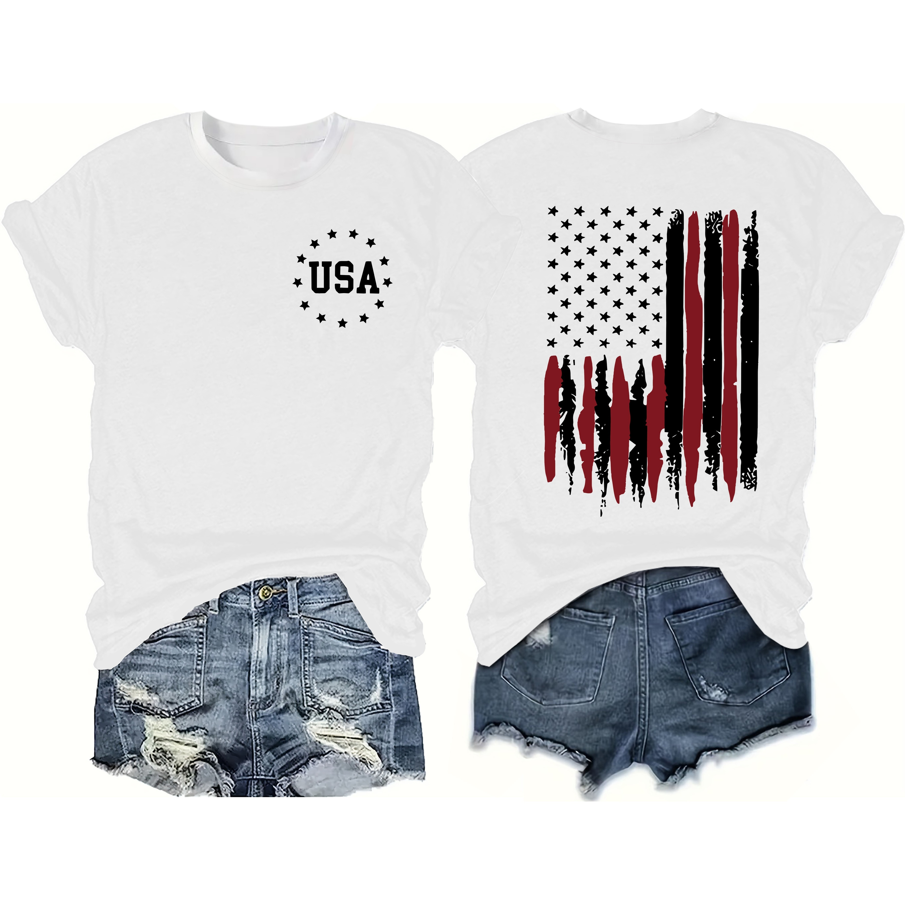 

Flag Print T-shirt, Short Sleeve Crew Neck Casual Top For Summer & Spring, Women's Clothing