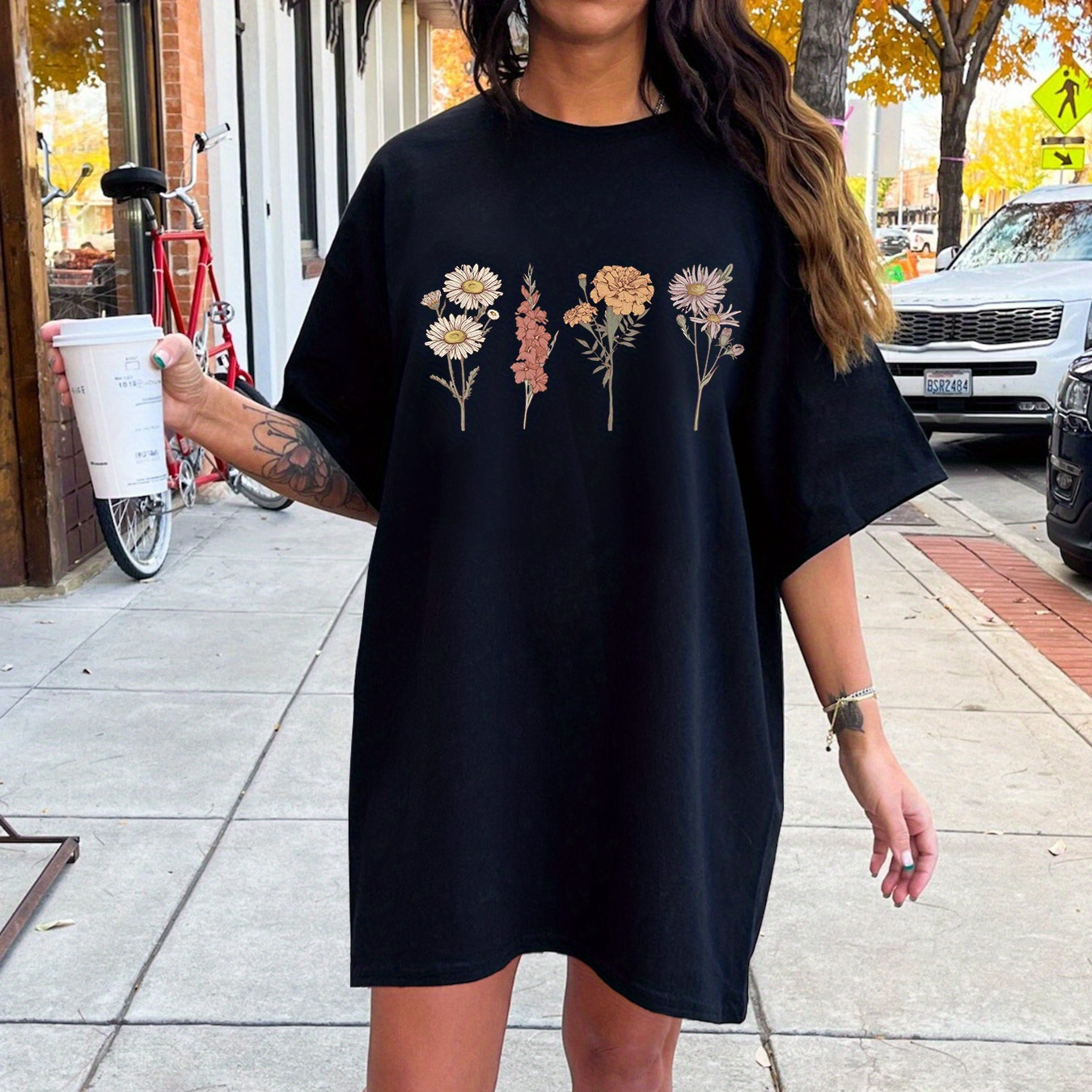 

Floral Print Crew Neck Tee Dress, Casual Short Sleeve Dress For Spring & Summer, Women's Clothing