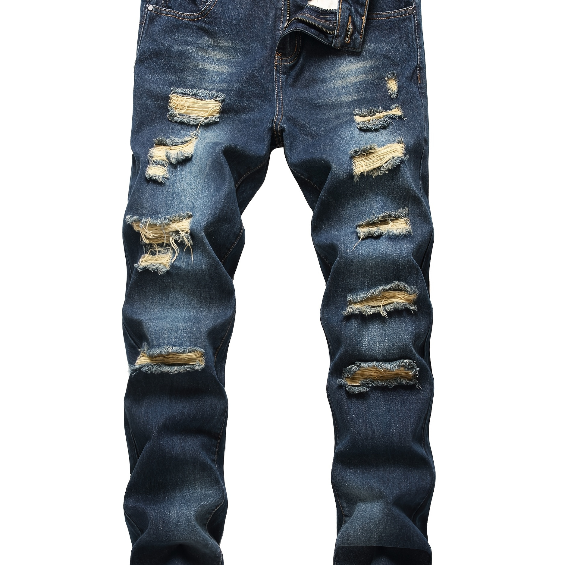 

1pc Men's Ripped Denim Jeans, Solid Color, Non-stretch Woven Fabric, Regular Fit With Zipper Fly, Casual Long Pants With Multiple Holes, Polyester , Regular Length