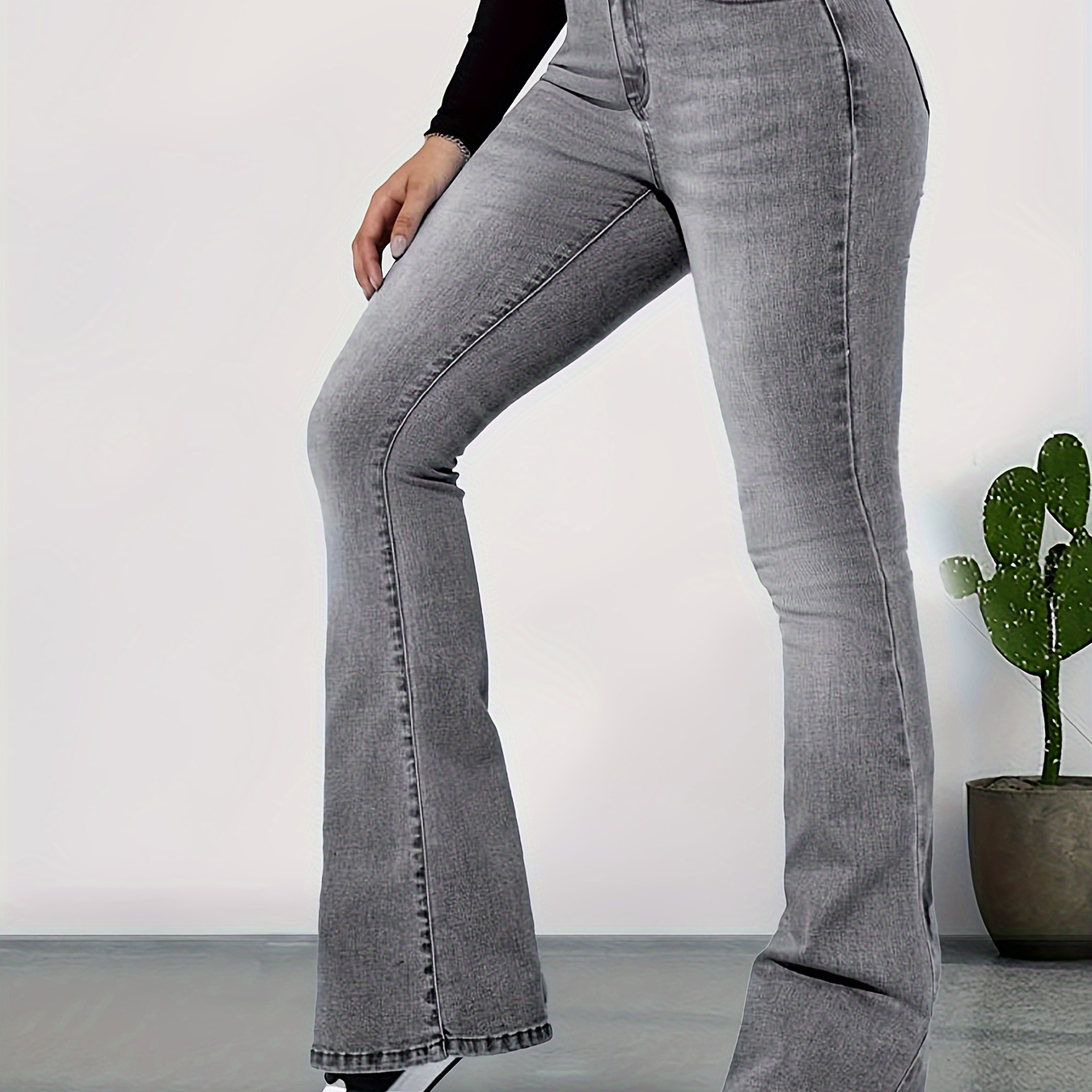Dark Grey Ripped Flared Jeans Slash Pockets Bell Bottom High - Temu