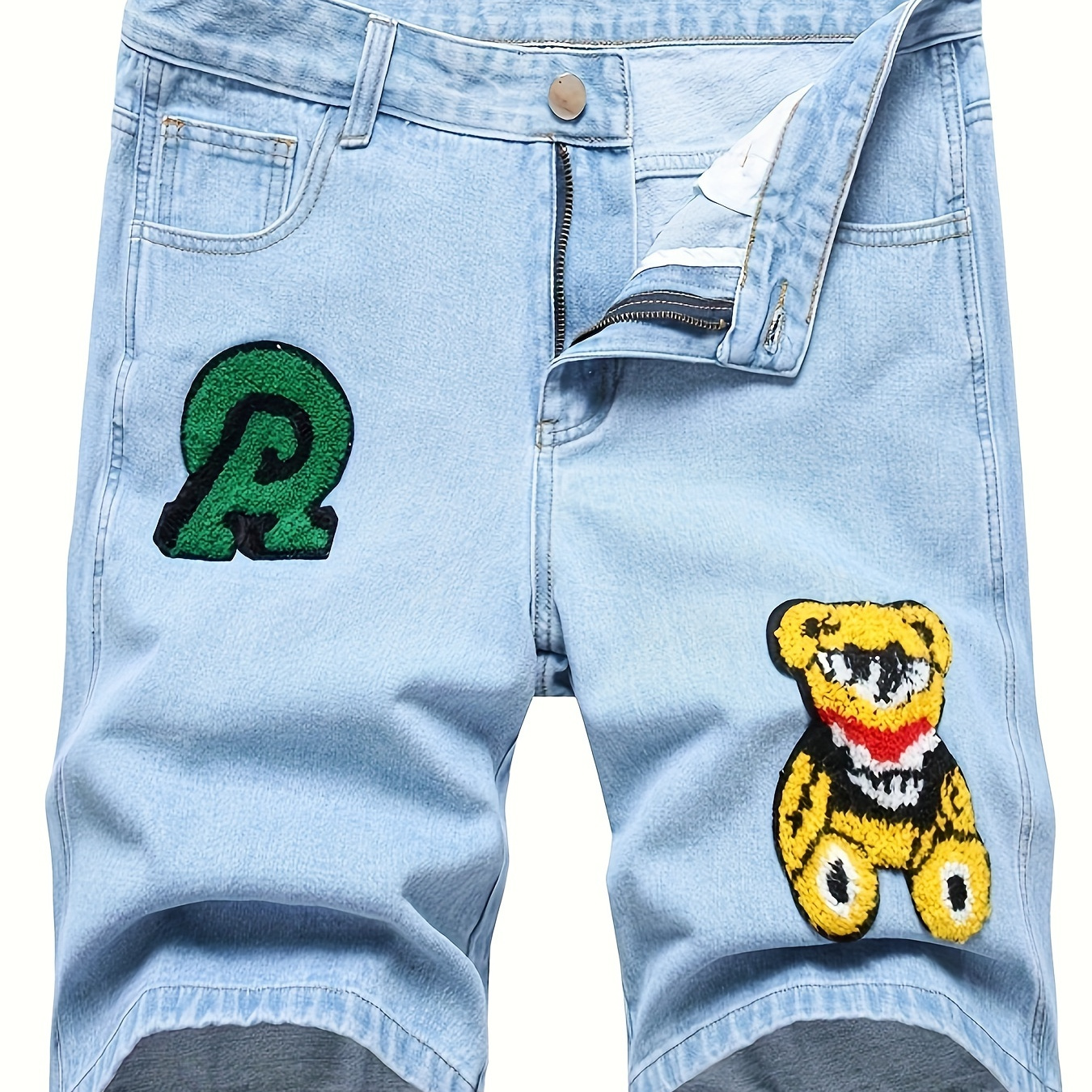 

Men's Casual Cartoon Bear Patchwork Denim Shorts, Chic Trendy Shorts For Summer Jorts