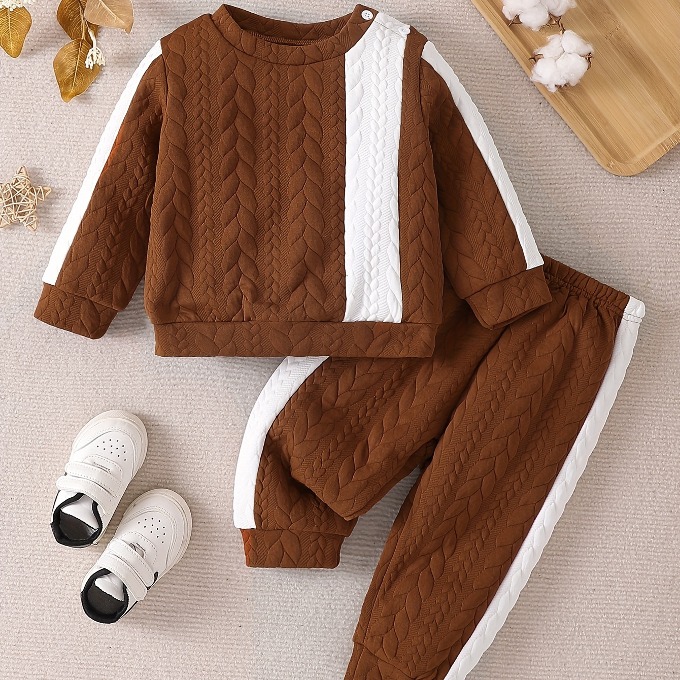 

2pcs, Textured Pullover Sweatshirt And Sweatpants For Baby Boys