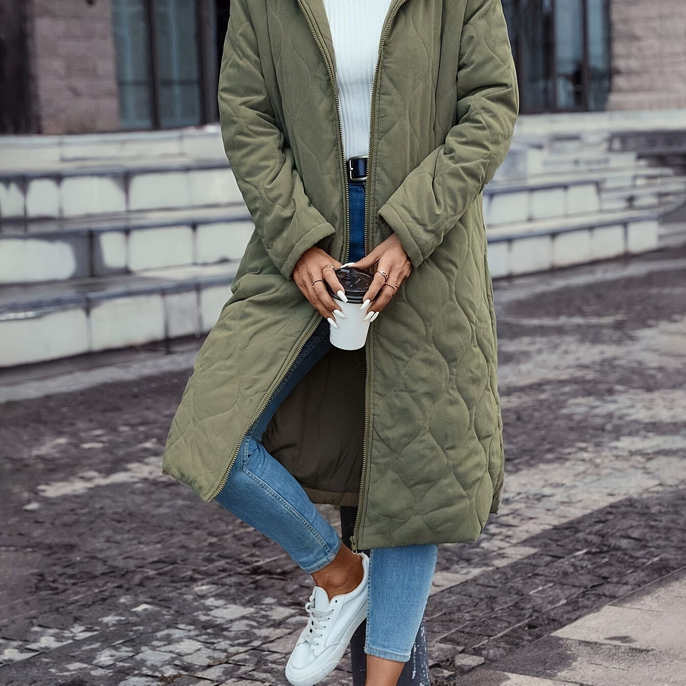 

Manteau à capuche zippé de couleur unie, manteau à manches longues polyvalent avec détails matelassés chauds pour l'hiver, vêtements pour femmes