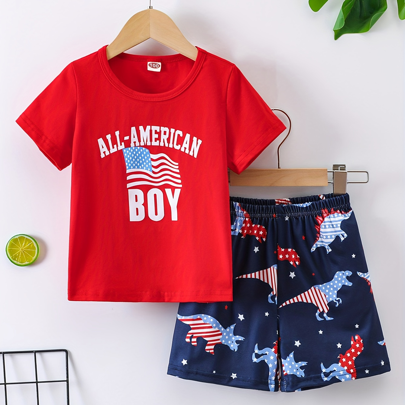 

2pcs Boys Independence Day All-american Boy Letter Graphic Print Short Sleeve T-shirt & Shorts Set, Comfy Summer Boys Clothes