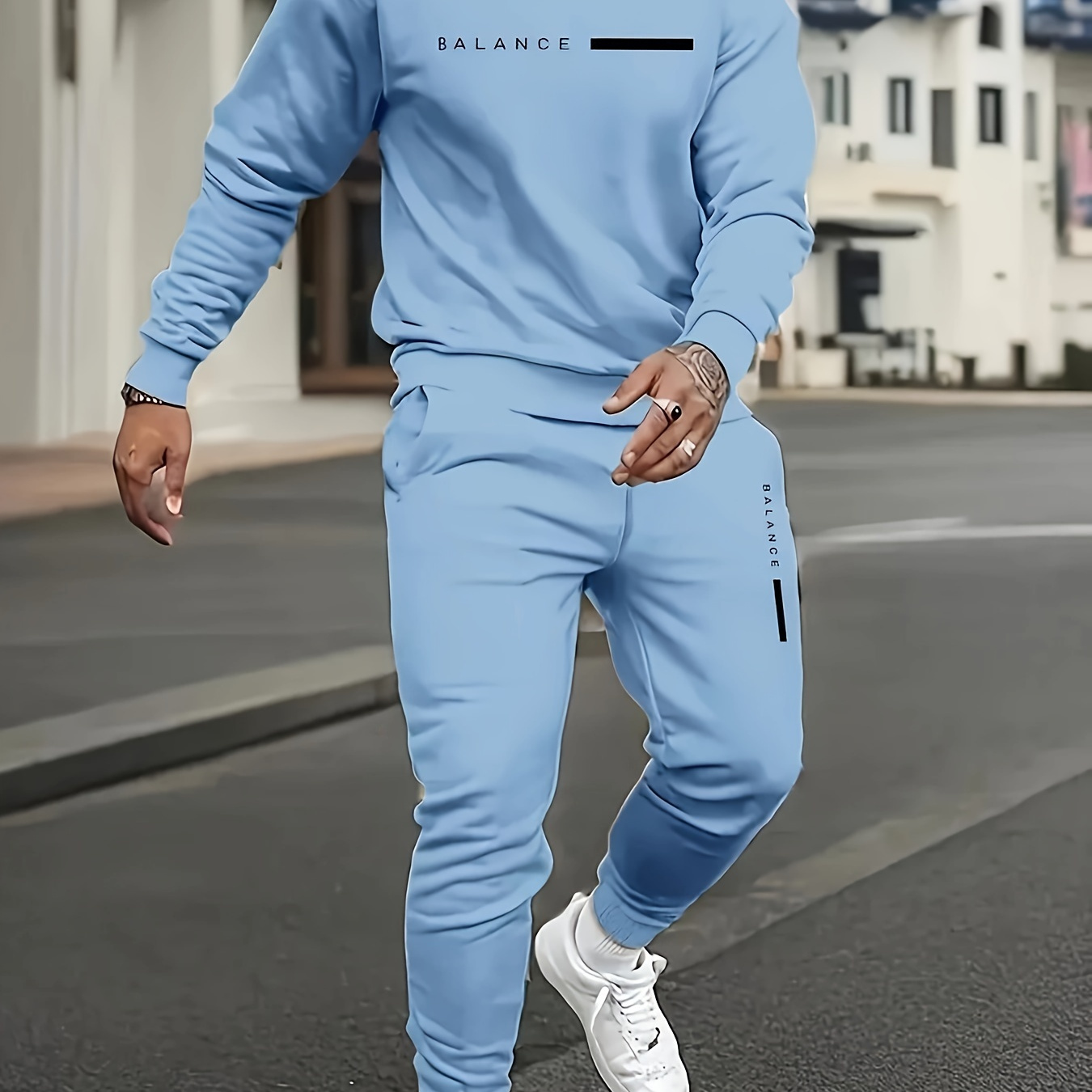 

2pcs Men's Sweatsuit Set, Polyester Crew Neck Long Sleeve Sweatshirt With Drawstring Sweatpants, Sports Style, Slight Stretch Knit Fabric, Regular Fit, With Printed Detail, For Fall Season