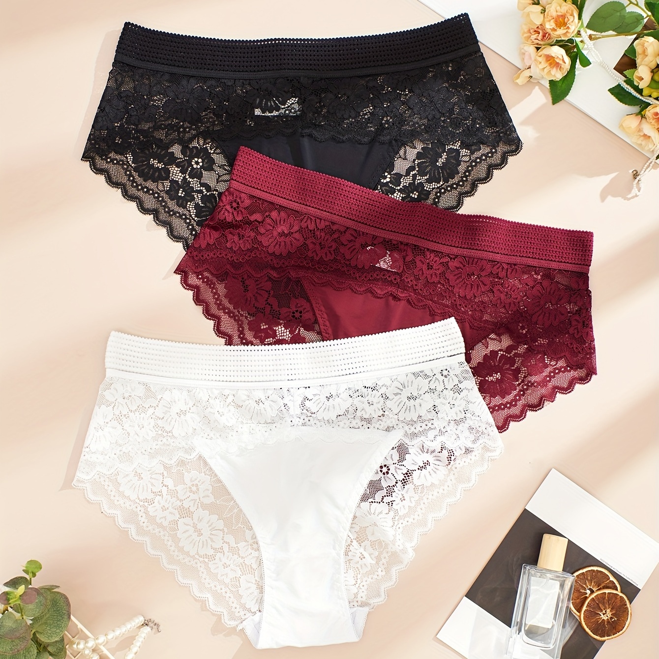 

3pcs Women's Elegant Panties Set, Plus Size Lace Stitching High Waist Breathable Briefs