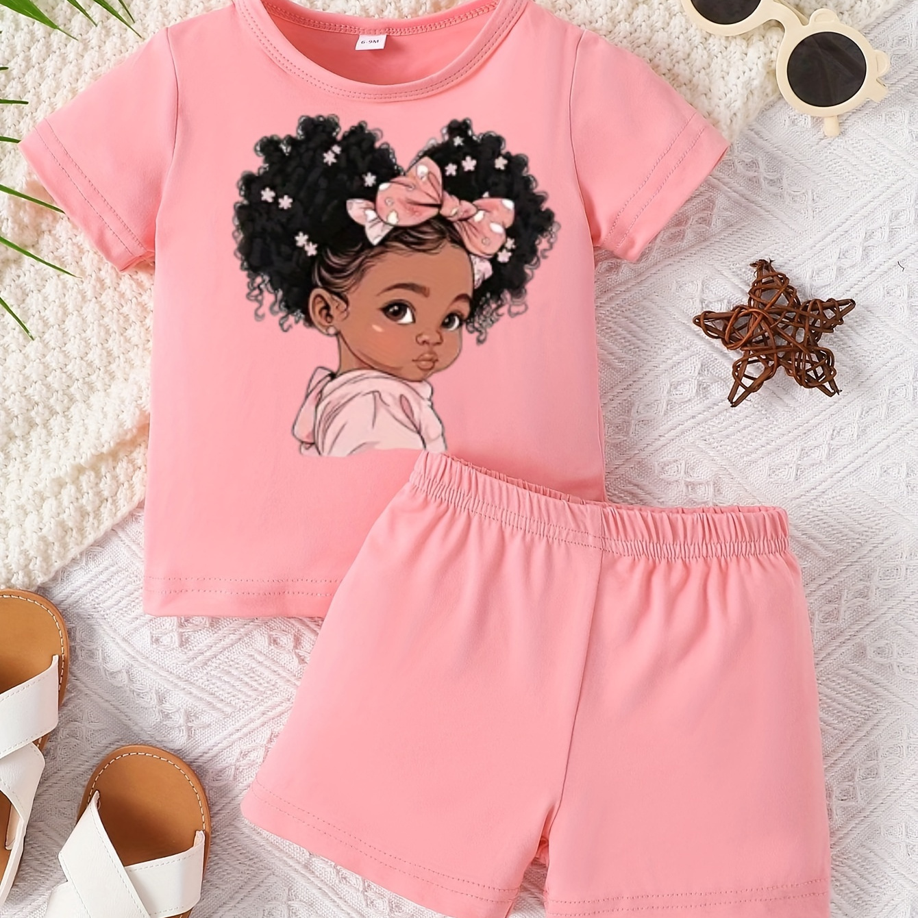 

Baby's Cartoon Bowknot Hairpin Girl Print 2pcs Outfit, T-shirt & Shorts Set, Toddler & Infant Girl's Clothes For Summer