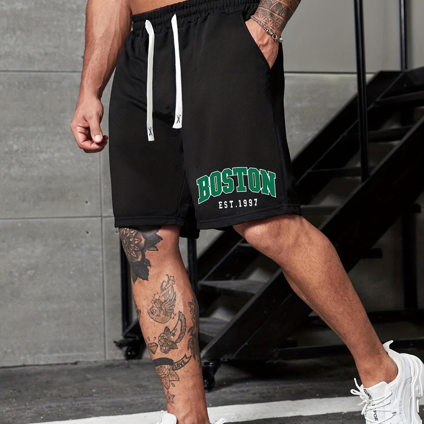 

''boston'' Print, Men's Comfy Casual Drawstring Shorts, Summer Clothing