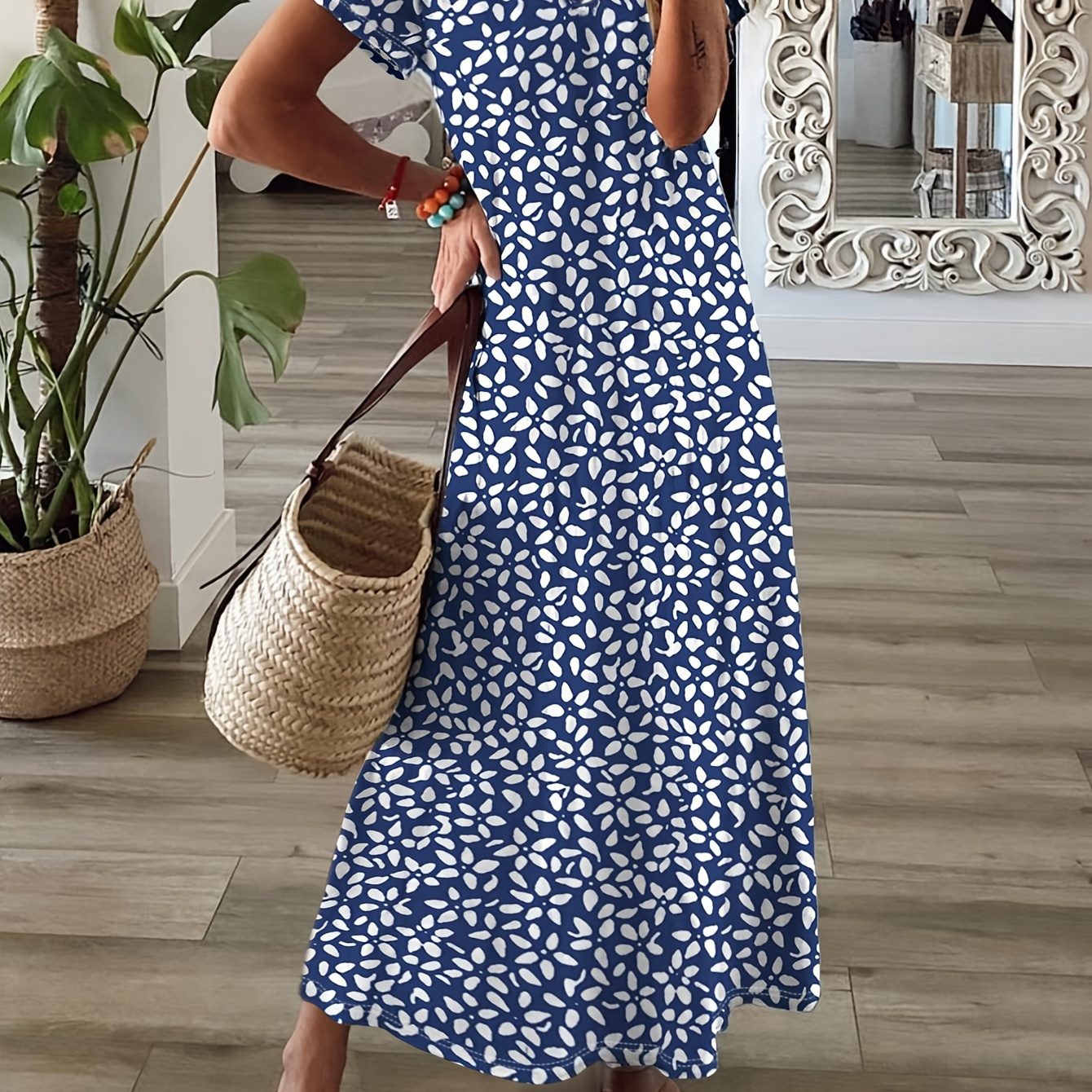 

Allover Print V-neck Dress, Vacation Style Short Sleeve Dress For Spring & Summer, Women's Clothing