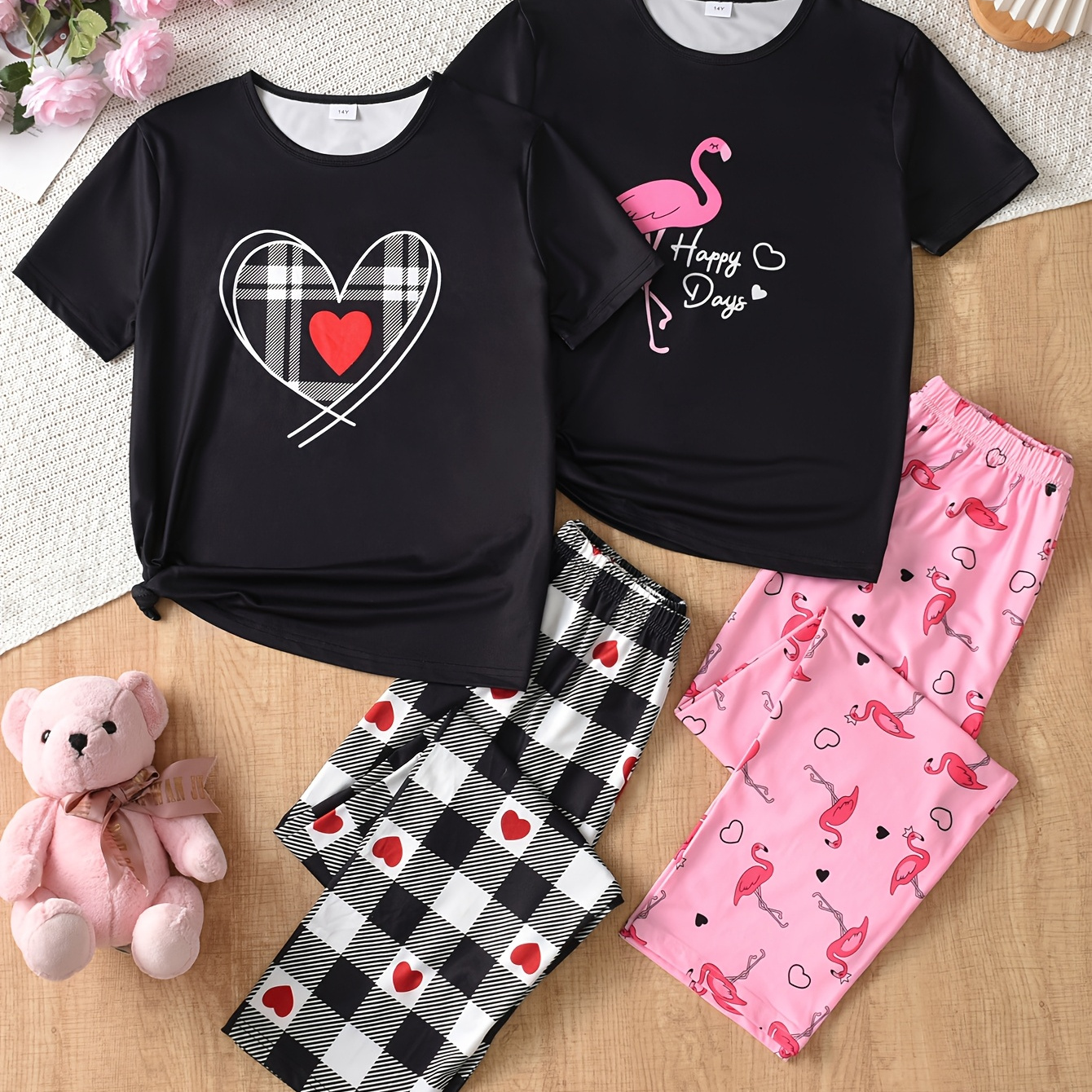 

Ensemble Pyjama Chic 4pcs pour Filles avec Imprimé Cœur, & Nœud - Tee-shirt Confortable à Manches Courtes & Pantalon Long pour Ados