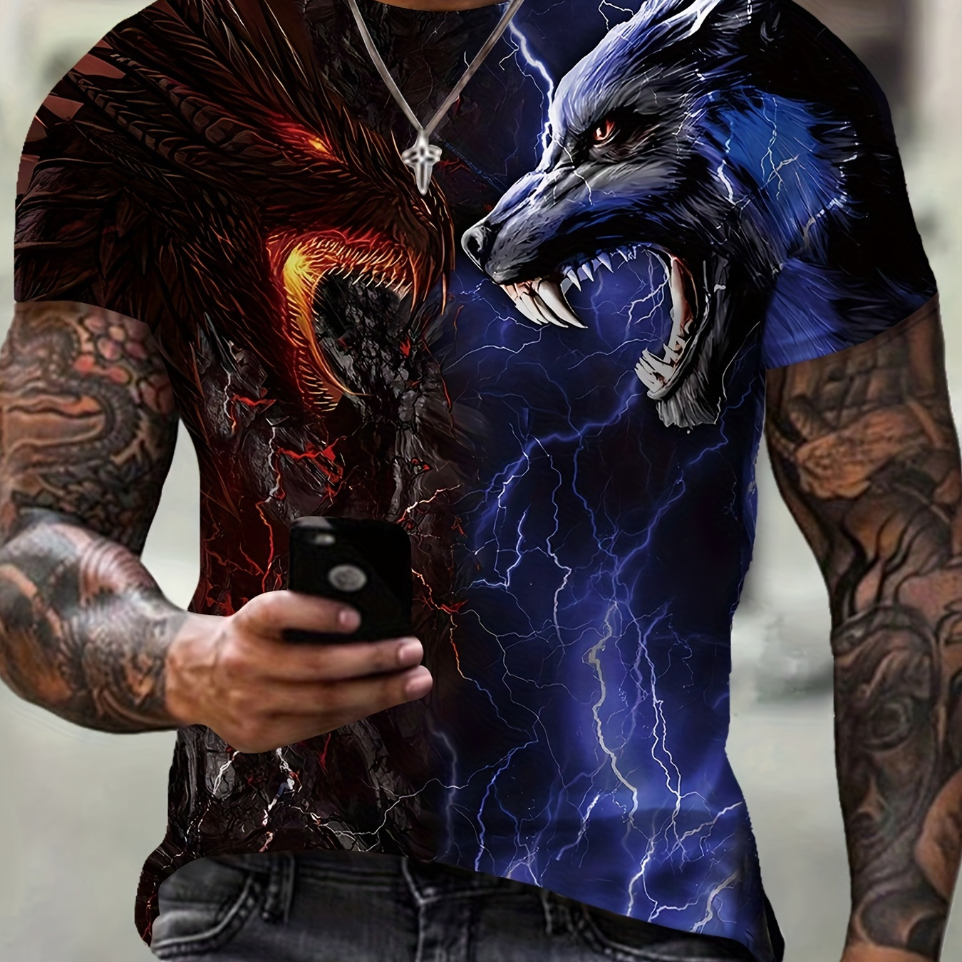 Trendy Dragon & Wolf 3D Digital Pattern Print Men's Graphic T-shirts, Causal Comfy Tees, Short Sleeve Pullover Tops, Men's Summer Outdoor Clothing