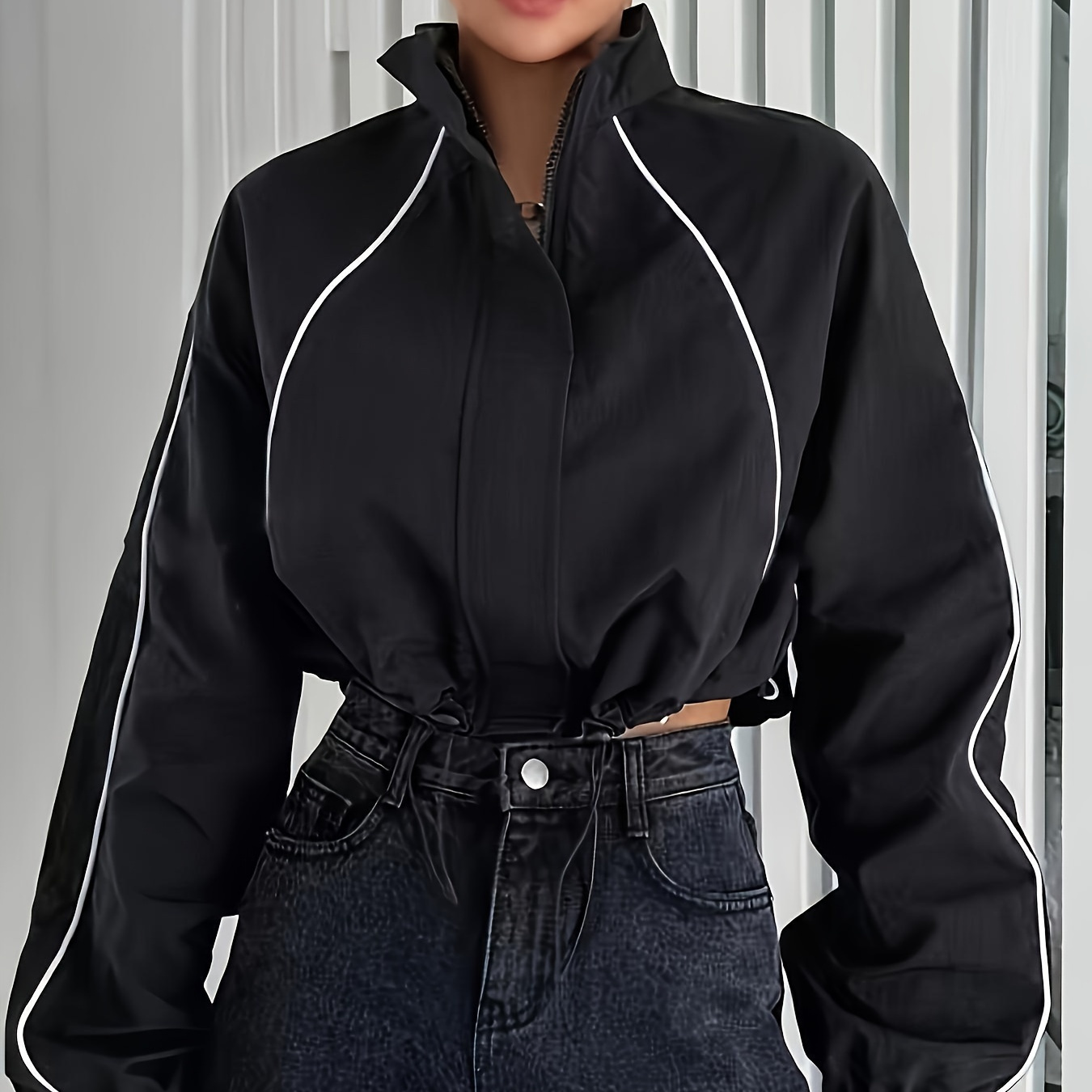

Zip-up Crop Windbreaker Jacket, Casual Long Sleeve Contrast Trim Stand Collar Jacket For Spring & Fall, Women's Clothing