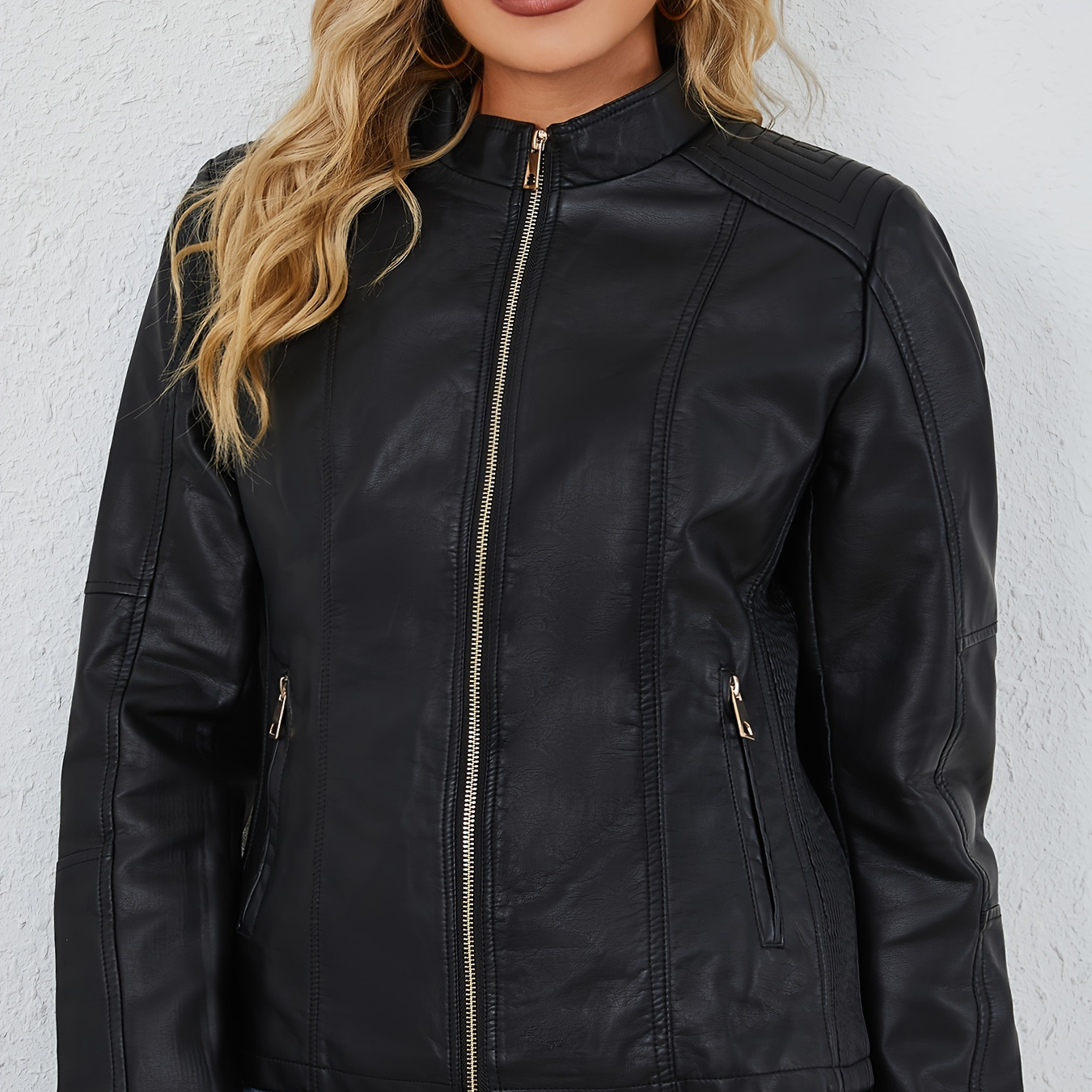 

Veste en cuir PU unie grande taille à fermeture éclair, veste décontractée à manches longues avec poches pour l'automne et l'hiver, vêtements grande taille pour femmes