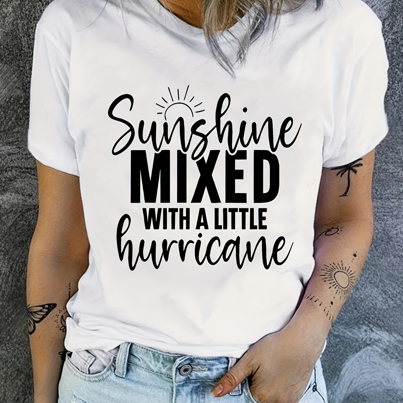 

Sunshine Mixed With A Little Hurricane Print T-shirt, Casual Short Sleeve Crew Neck T-shirt For Spring & Summer, Women's Clothing
