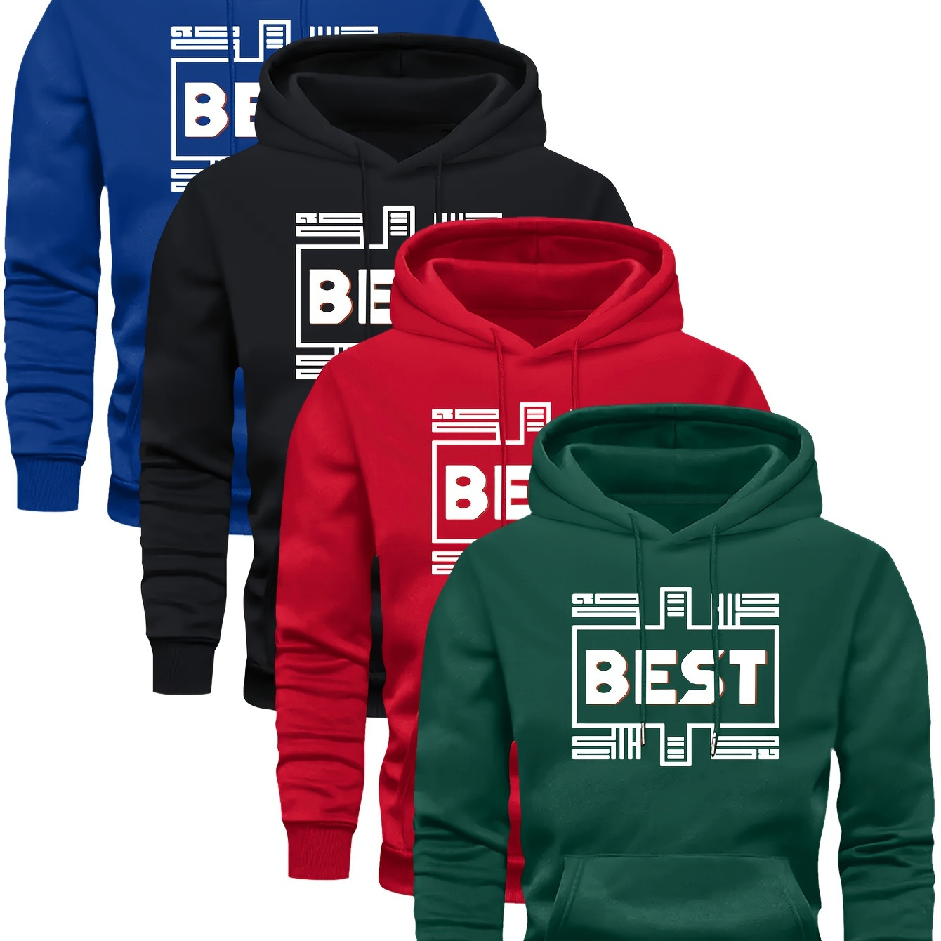 

4-pack Men's Casual Fashion Hooded Sweatshirts, Geometric Pattern, Polyester Knit With Stretch, Long Sleeve, Regular Fit, With Pockets - Spring/fall Collection