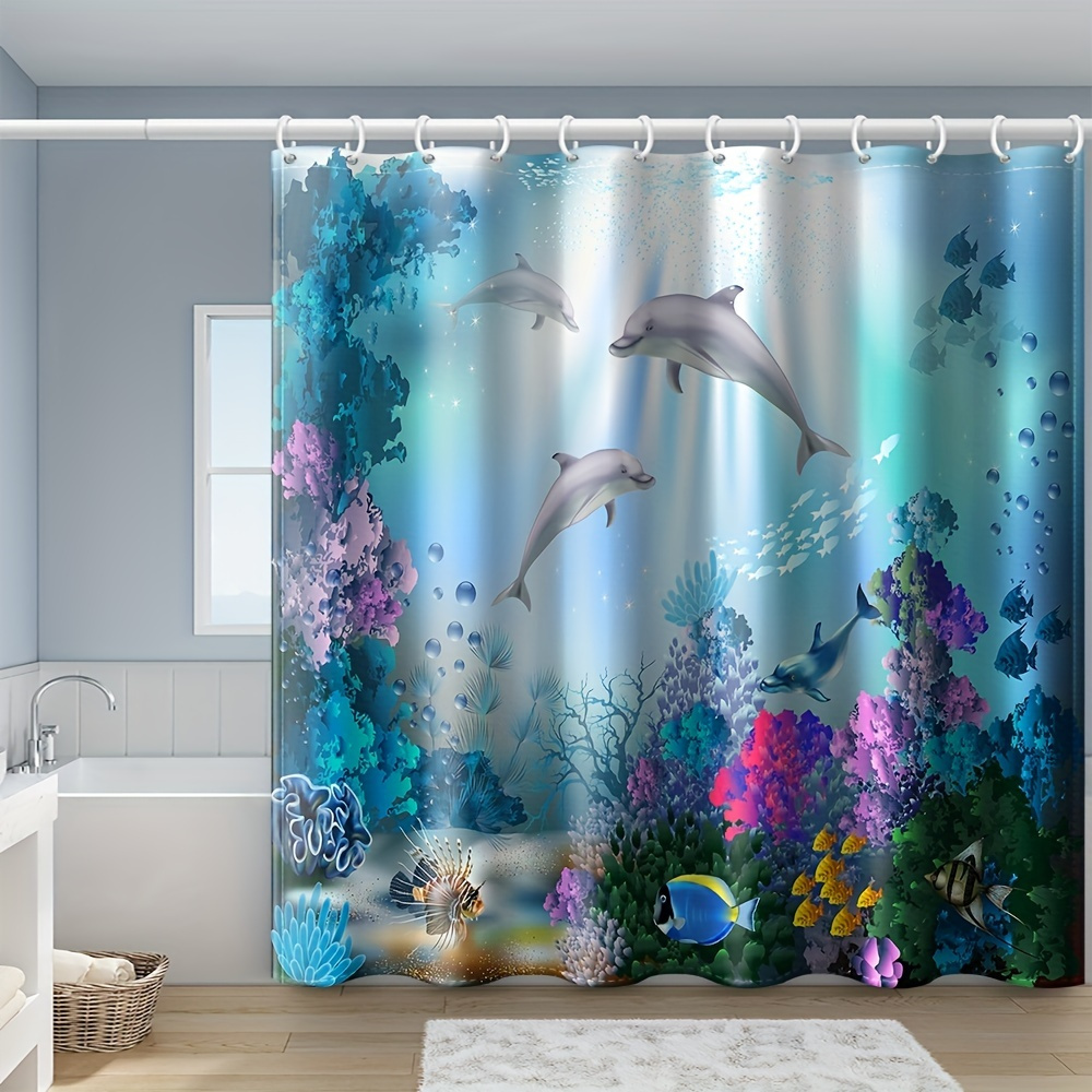 1pc Dolphin & Tropical Fish Shower Curtain Or Toilet Mat & 4pc