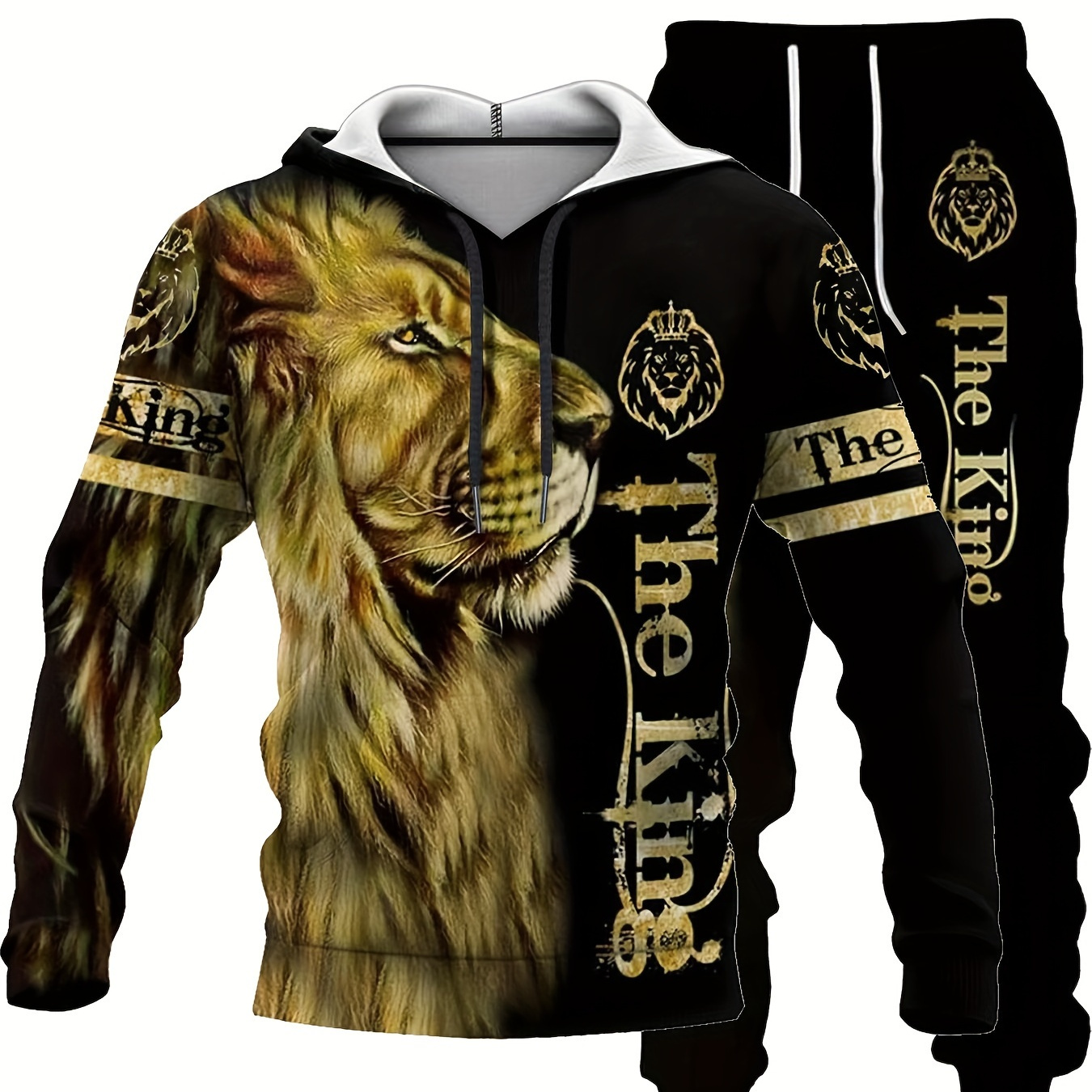 Plus Size Men's 3D Lion Print Hooded Sweatshirt & Sweatpants Set For Fall Winter, Men's Clothing