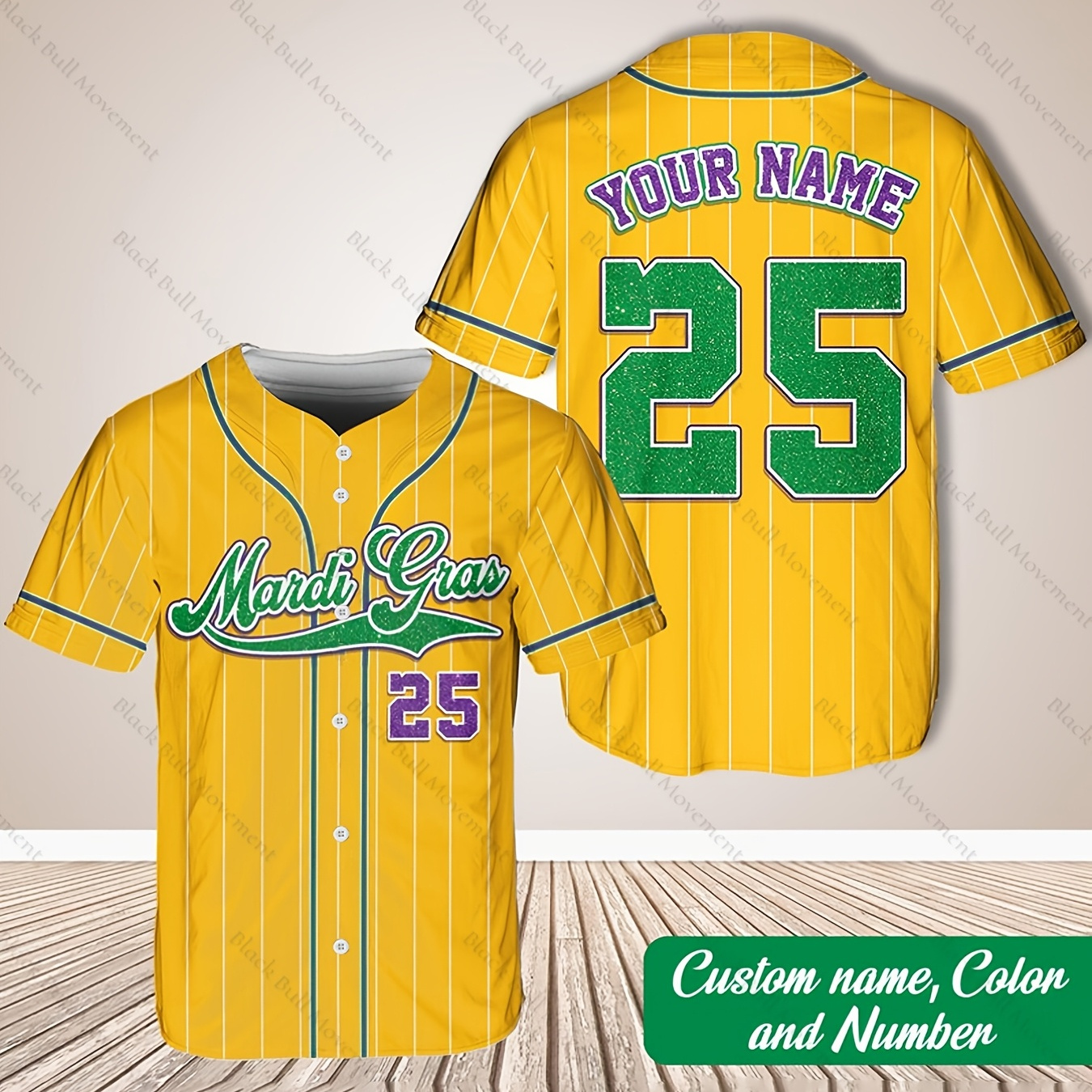 

Customizable Mardi Gras-themed Baseball Jersey - Personalize With Name & Number, Yellow Polyester V-neck, Button-up, Ideal For Fans & Players, Summer Sports Uniform