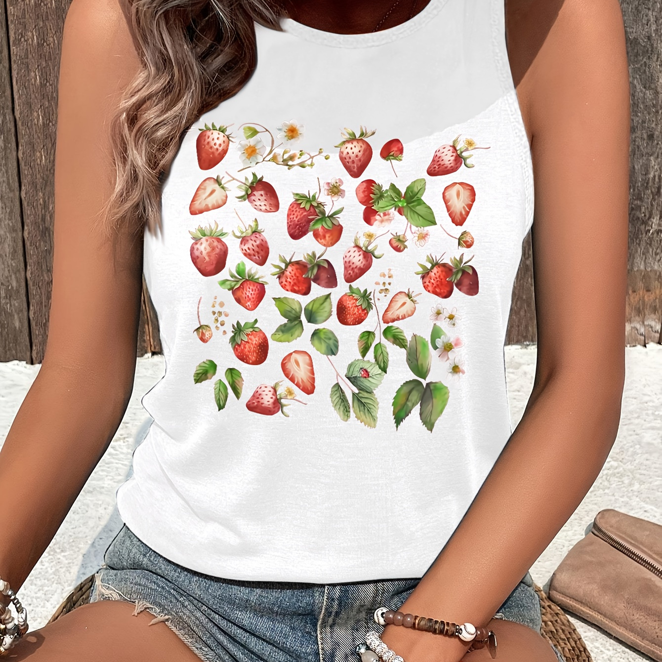 

Strawberry Print Crew Neck Tank Top, Sleeveless Casual Top For Summer & Spring, Women's Clothing