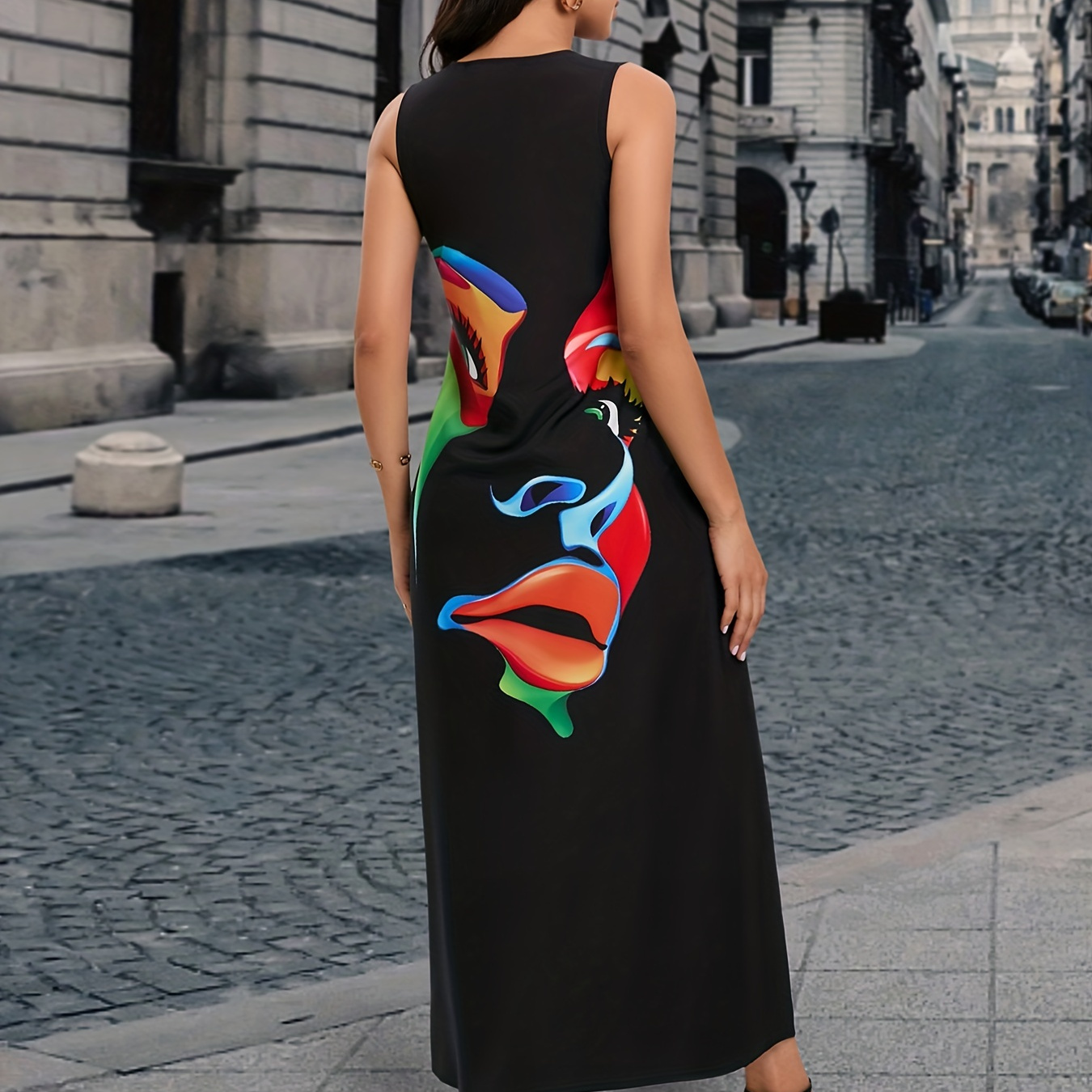 

Figure Print Notched Neck Dress, Casual Sleeveless Maxi Tank Dress For Spring & Summer, Women's Clothing