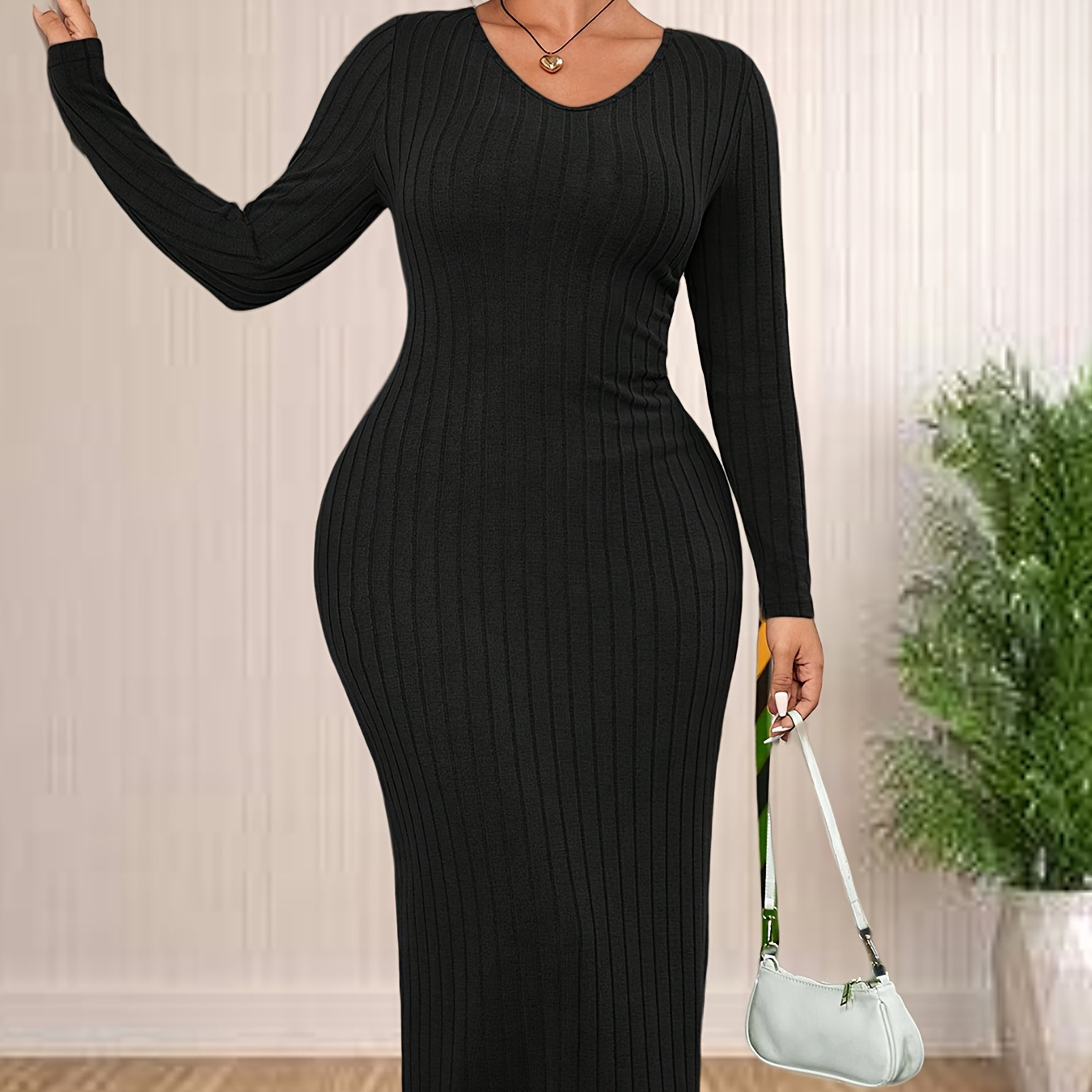 

Plus Size Solid Color Ribbed Bodycon Dress, Casual Long Sleeve V Neck Maxi Dress For Spring & Fall, Women's Plus Size Clothing