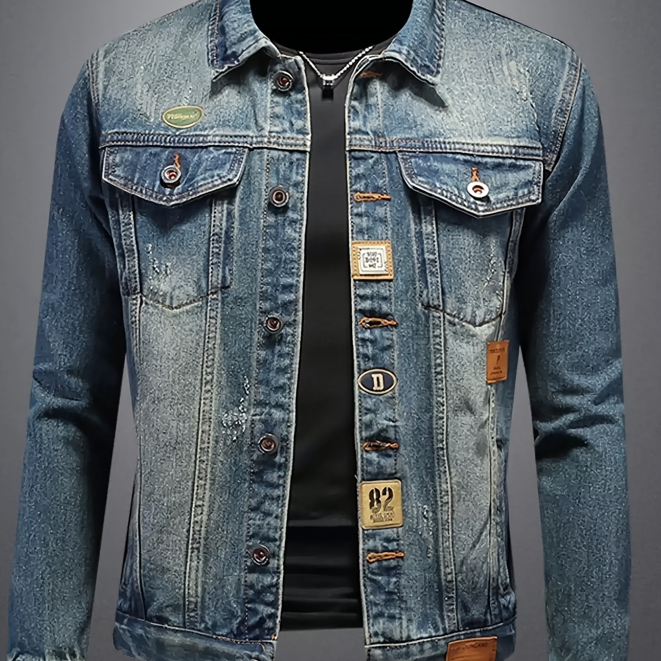 

Men's Letters Graphic Print Denim Jacket With Multi Pockets, Casual Lapel Button Up Cotton Blend Long Sleeve Outwear For Outdoor