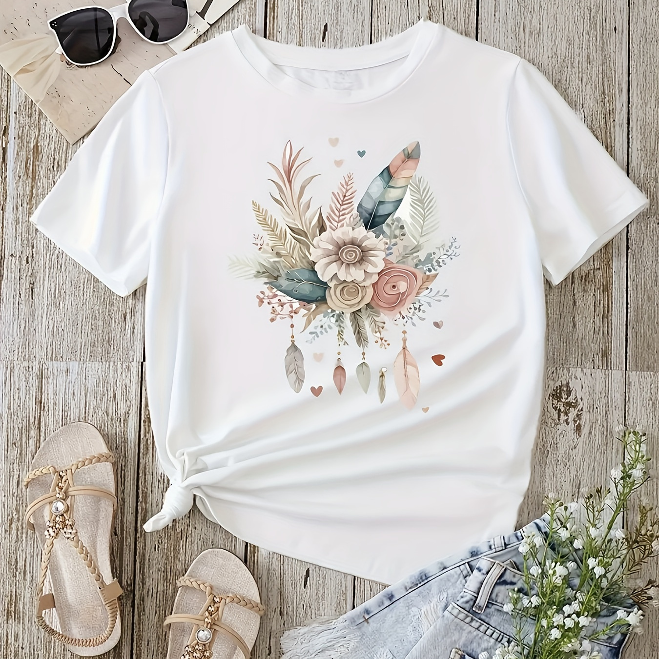 

Floral & Feather Print Crew Neck T-shirt, Casual Short Sleeve T-shirt For Spring & Summer, Women's Clothing