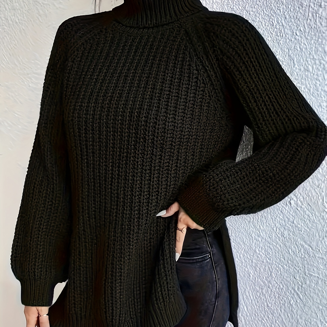 

Plus Size Solid Color Turtleneck Knitted Sweater, Casual Side Split Long Sleeve Pullover Sweater For Fall & Winter, Women's Plus Size Clothing