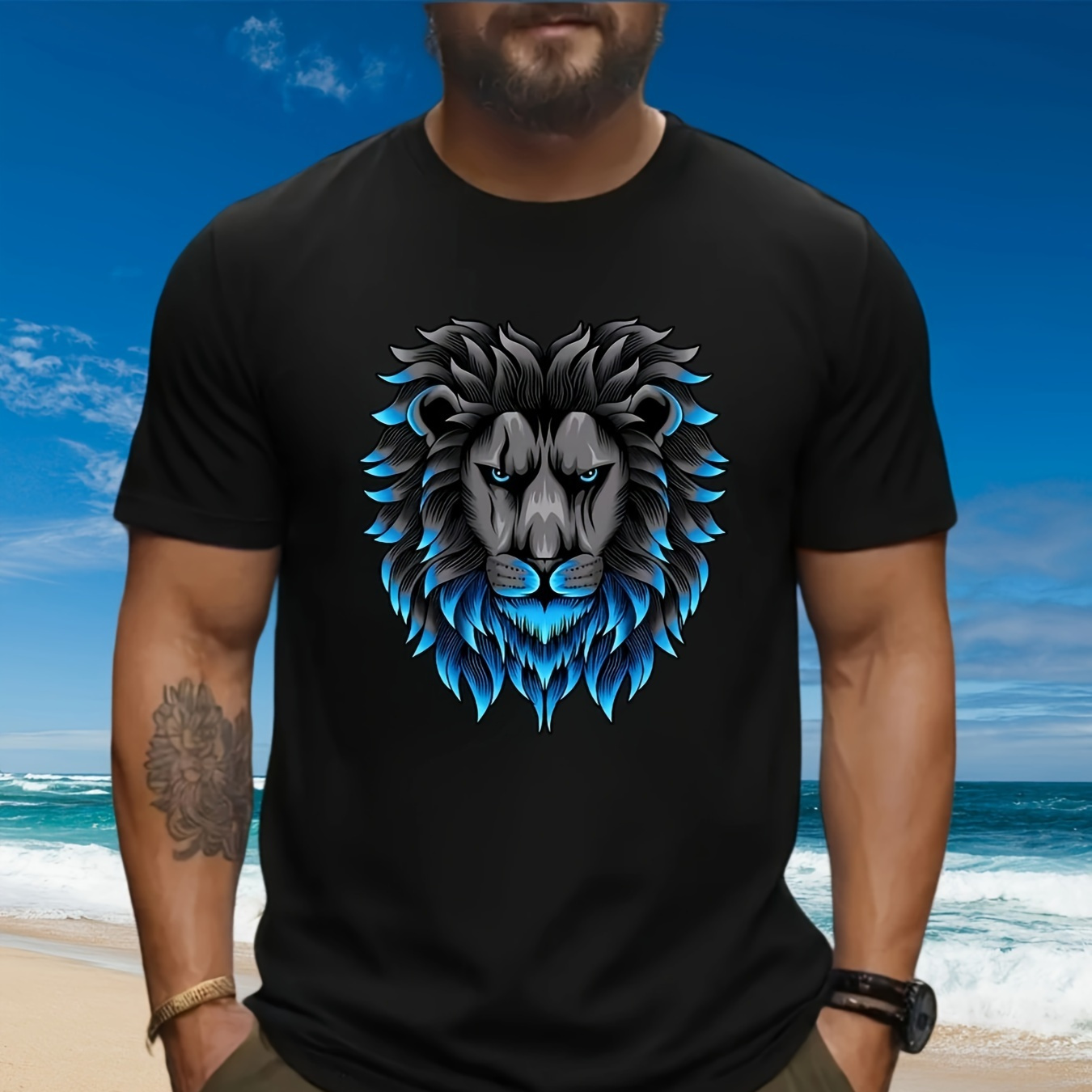 

Lion Print Super Soft Crew-neck Cotton T-shirt For Men - Breathable, Slightly Stretched, Regular Fit, Letter Pattern, Perfect For Summer Casual Wear