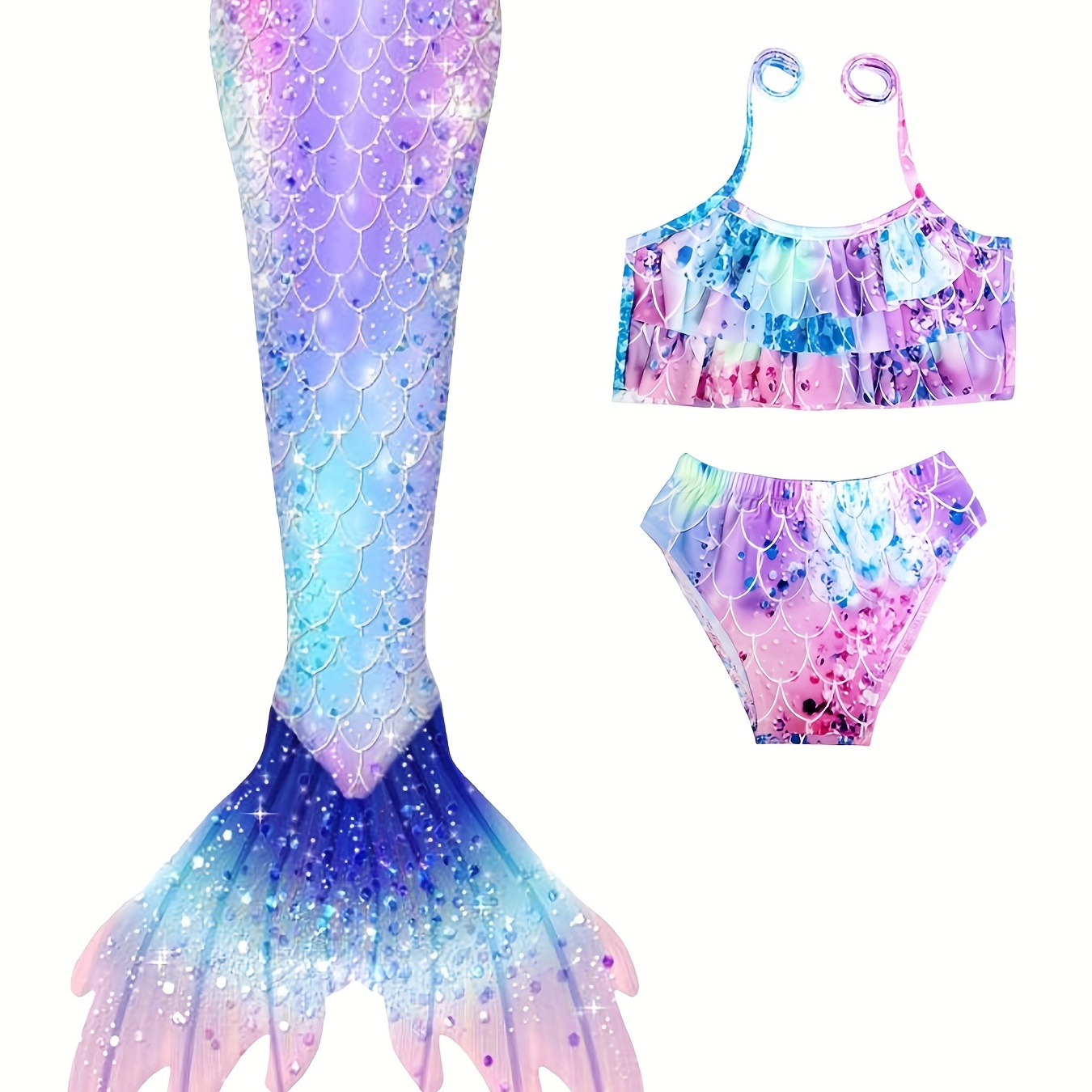 Kids Mermaid Tail Three-Piece Bikini Swimming Suit Set, Quick Drying Elastic Swimsuit For Girls Toddlers Summer