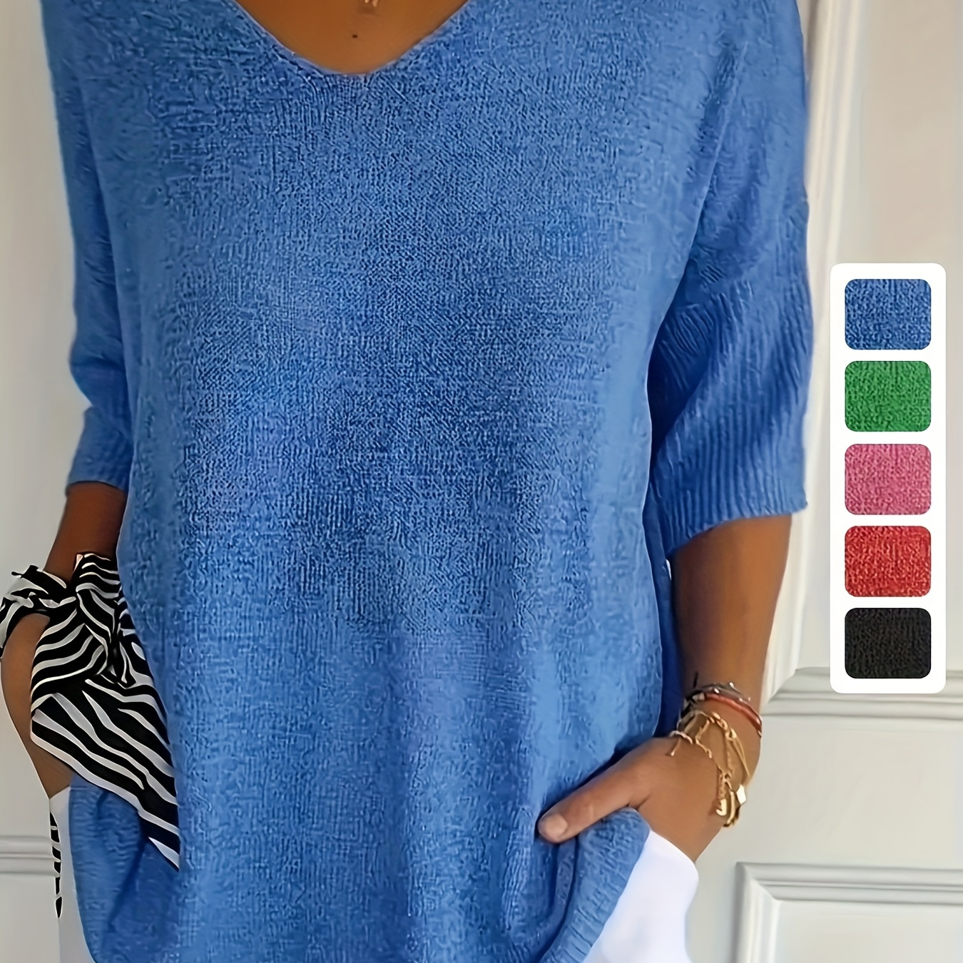 

Women's Casual Red V-neck Knit Top With 3/4 Sleeves - Soft Viscose Blend, Stretchy & Machine Washable, Spring/fall, Casual Knitwear | Elegant Casualwear | Ribbed Texture