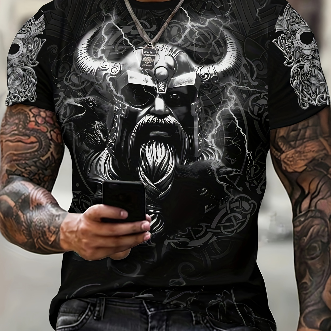 

Warrior Print T-shirt, Men's Casual Street Style Stretch Round Neck Tee Shirt For Summer