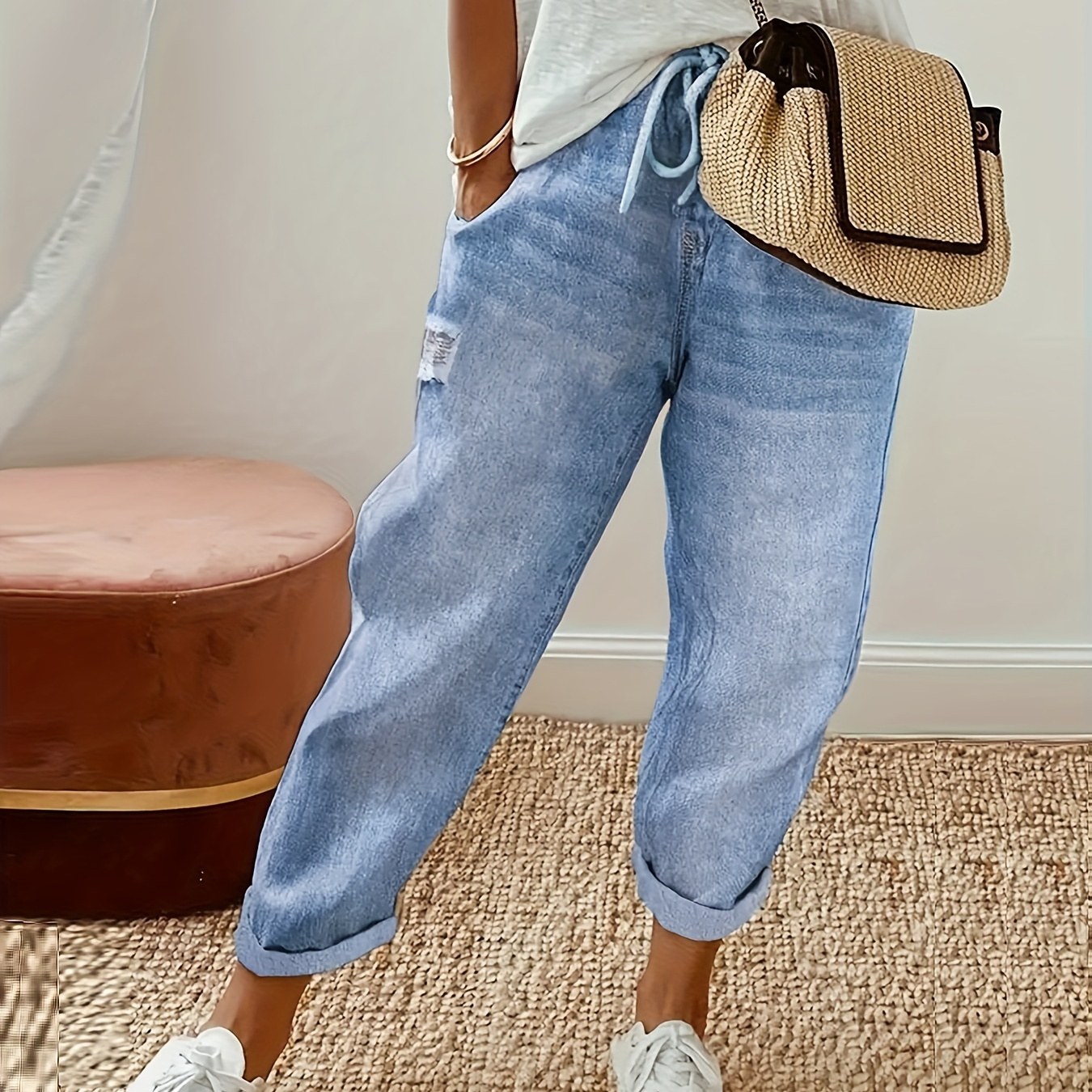 

Drawstring Waistband Plain Washed Blue Whiskering Cropped Ripped Denim Pants, Women's Denim Jeans & Clothing