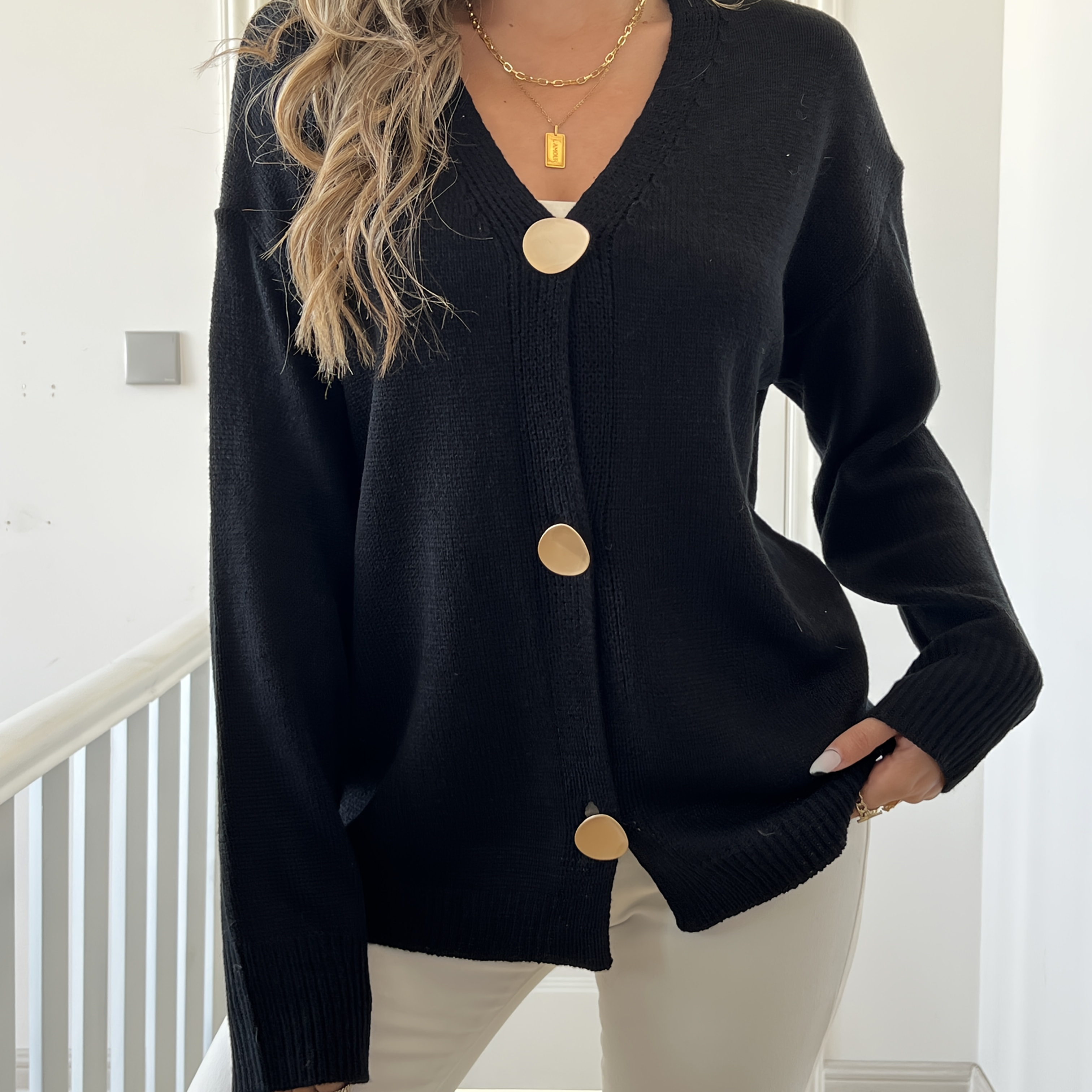 

Elegant Women's Knit Cardigan - Chic -front Sweater With Golden Button Details, Long Sleeve, Acrylic Material, Fall/winter Layering, Winter Sweater | Golden Button Accents | Smooth Texture