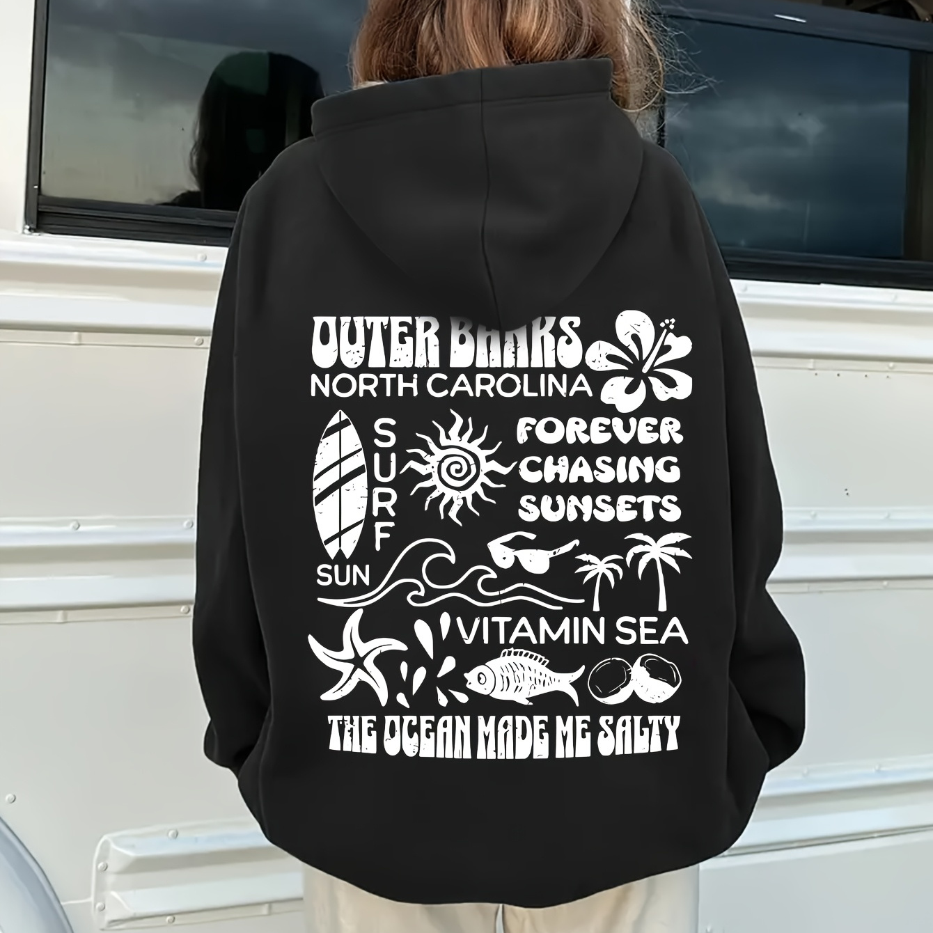 Women'S Casual Alphabet Cartoon Hoodie, 100% Polyester Knit Fabric, Fall/Winter Hooded Sweatshirt with Pocket Detail, Outer Banks North Graphic Print