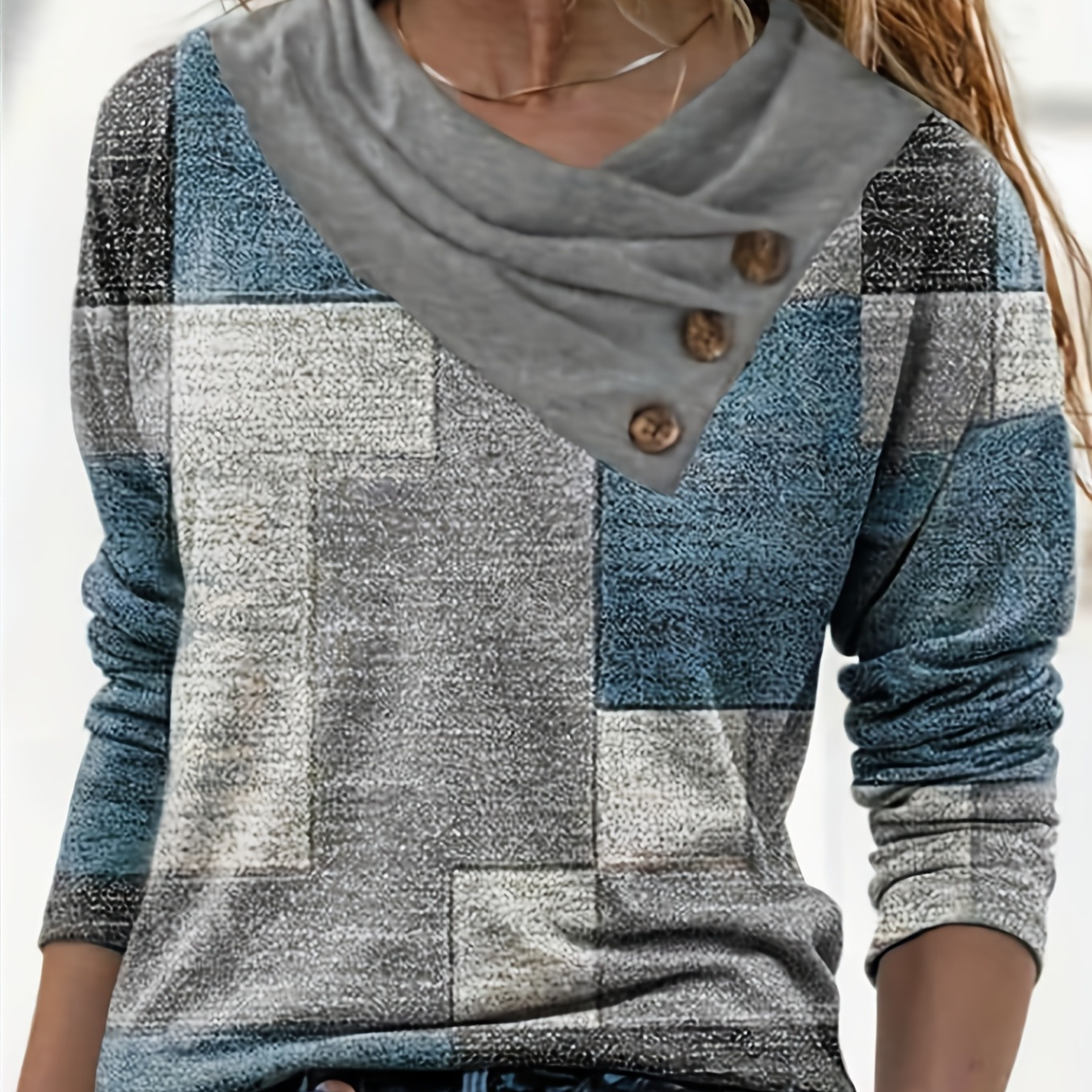 

Print Button Decor Cowl Neck T-shirt, Casual Long Sleeve Top For Spring & Fall, Women's Clothing