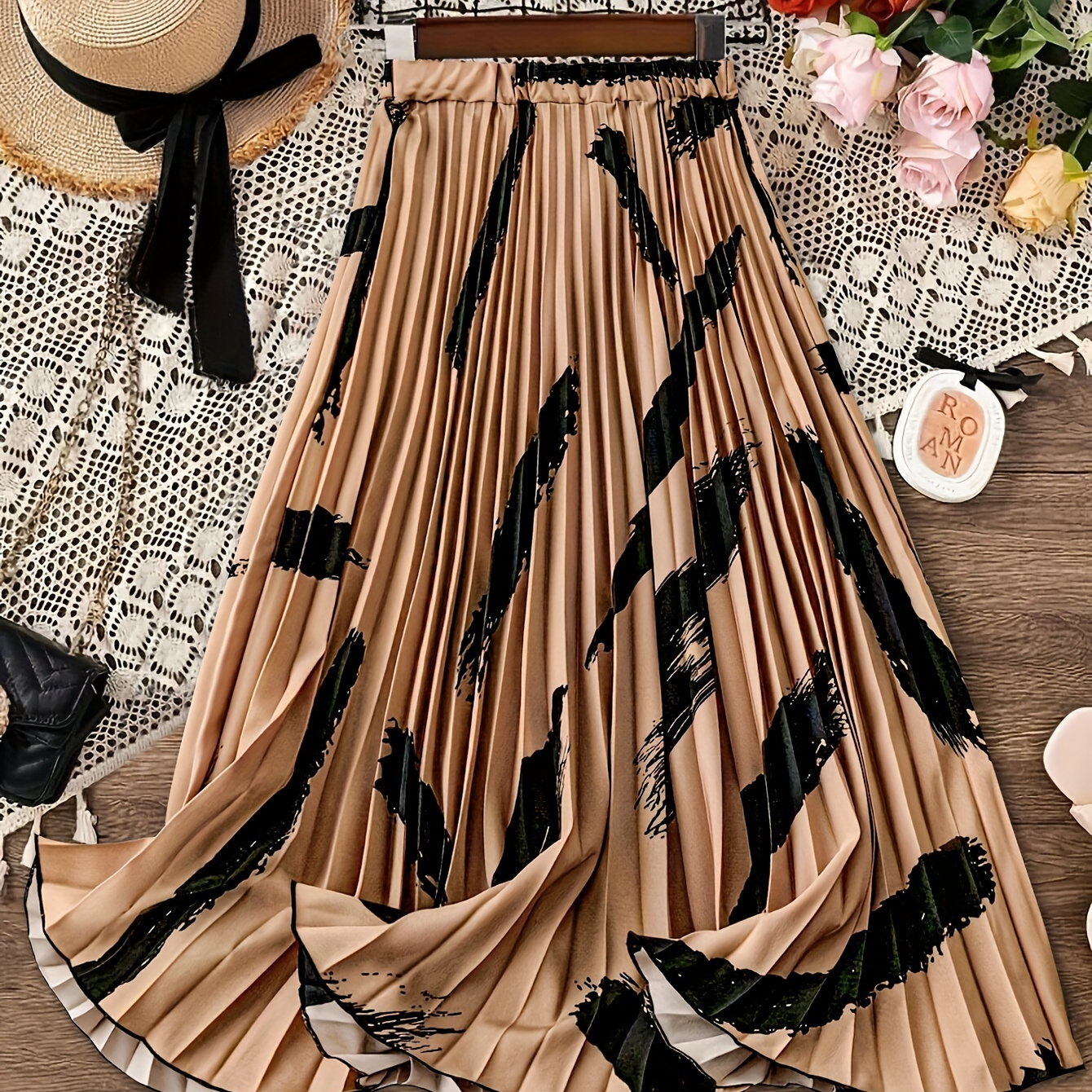 

Brush Print Pleated Swing Skirt, Elegant Waist Aline Flowy Skirt For Spring & Fall, Women's Clothing