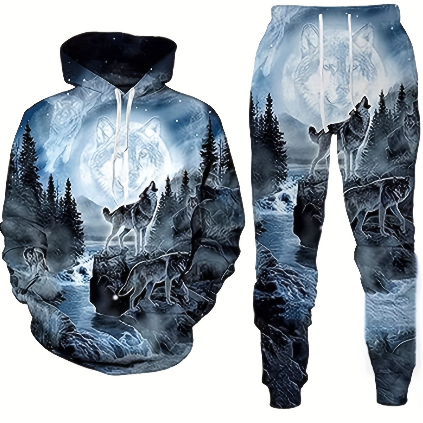 

Plus Size Men's 3d Moon & Wolf Print Hooded Sweatshirt & Sweatpants Set For Autumn/winter, Men's Clothing